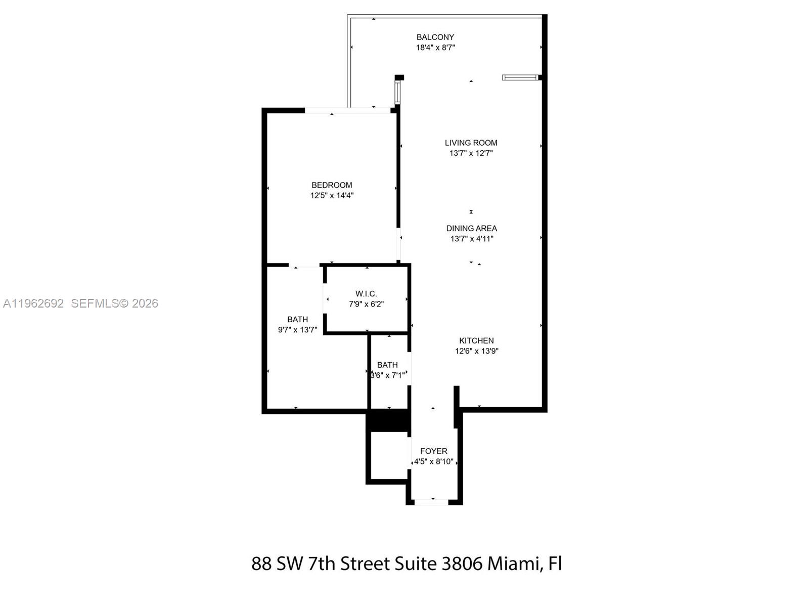 Floor plan for Suite 3806, with one bedroom, two bathrooms, a walk-in closet, and a balcony.