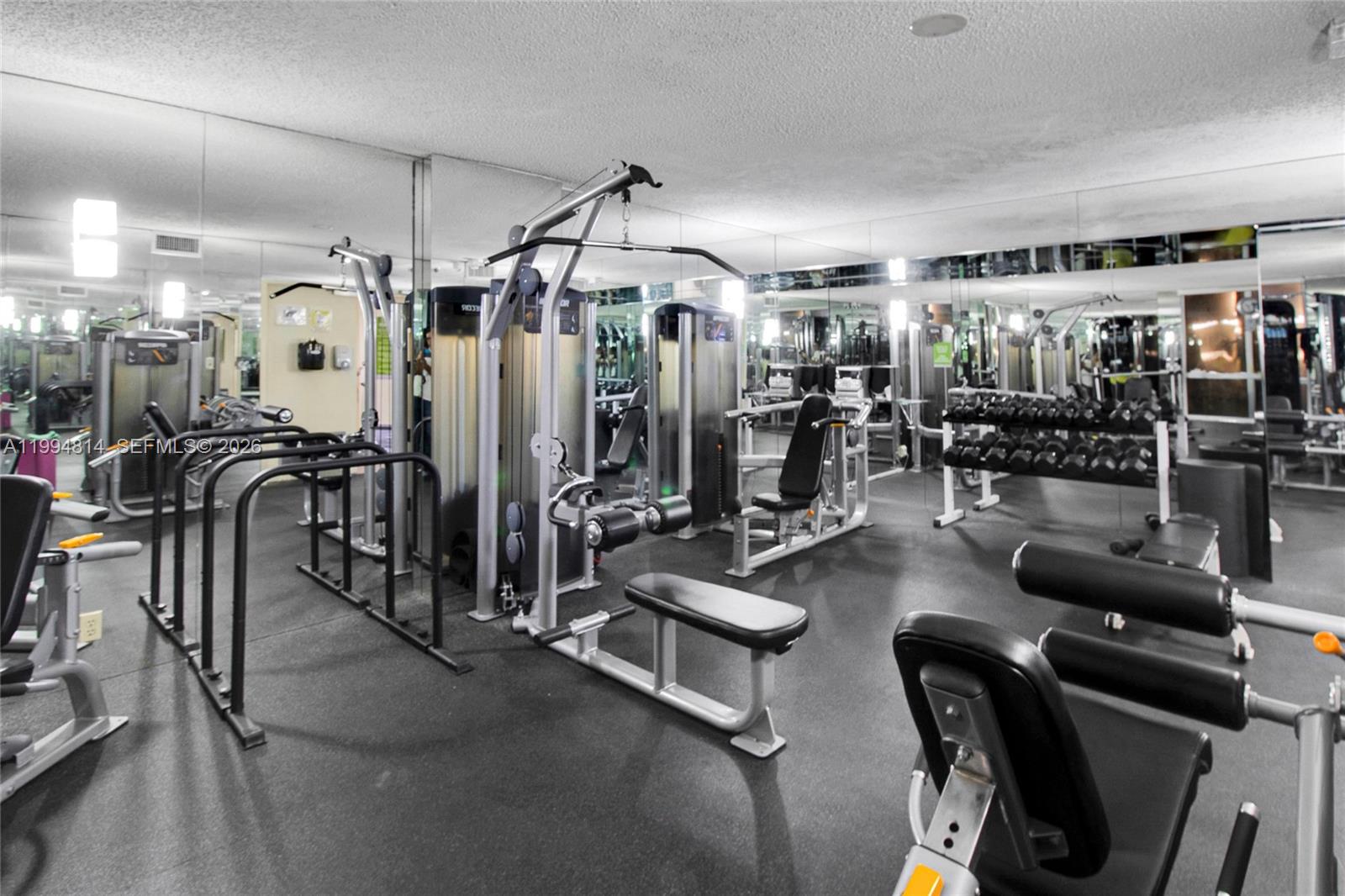 Mirrored fitness room with weight machines, workout benches, and a rack of dumbbells.