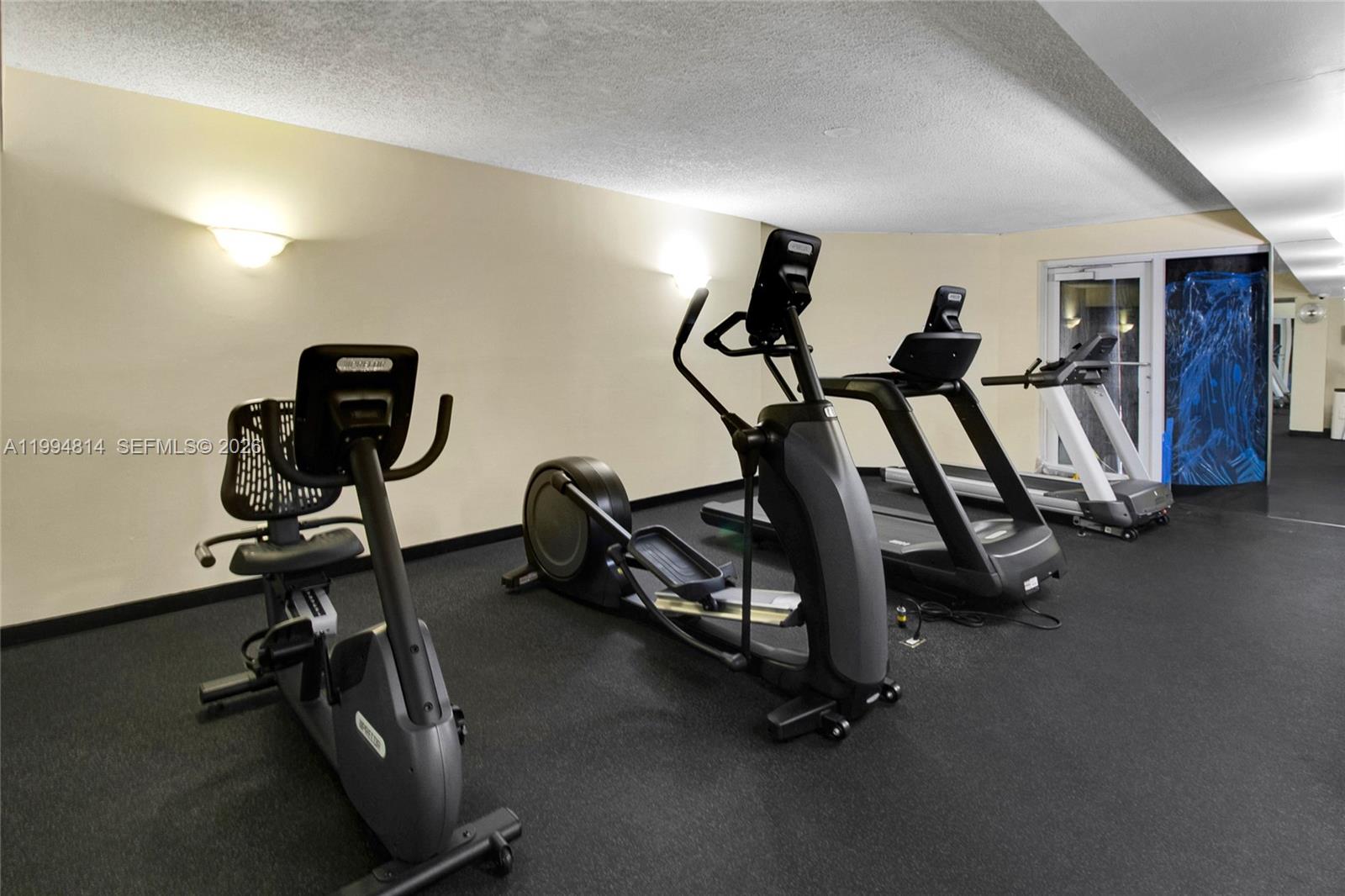 Fitness room with stationary bikes and treadmills on dark carpet.