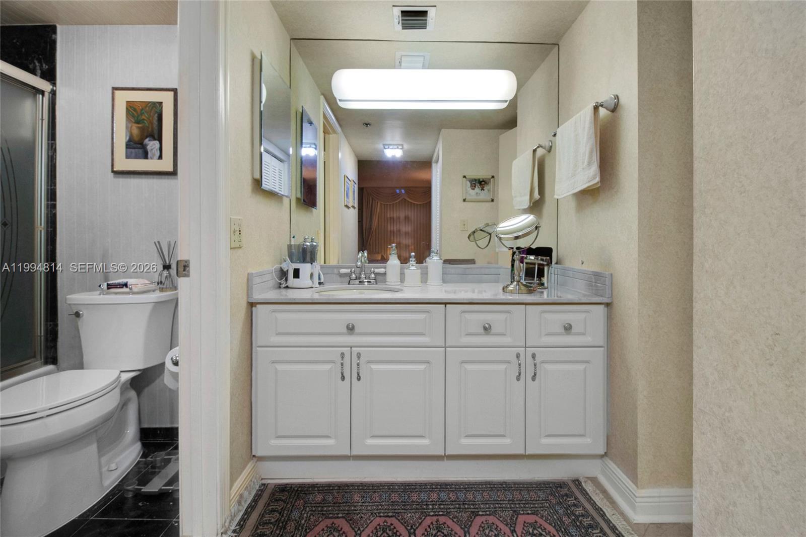 Bathroom with a long white vanity, large mirror, patterned rug, and toilet beside a glass shower.