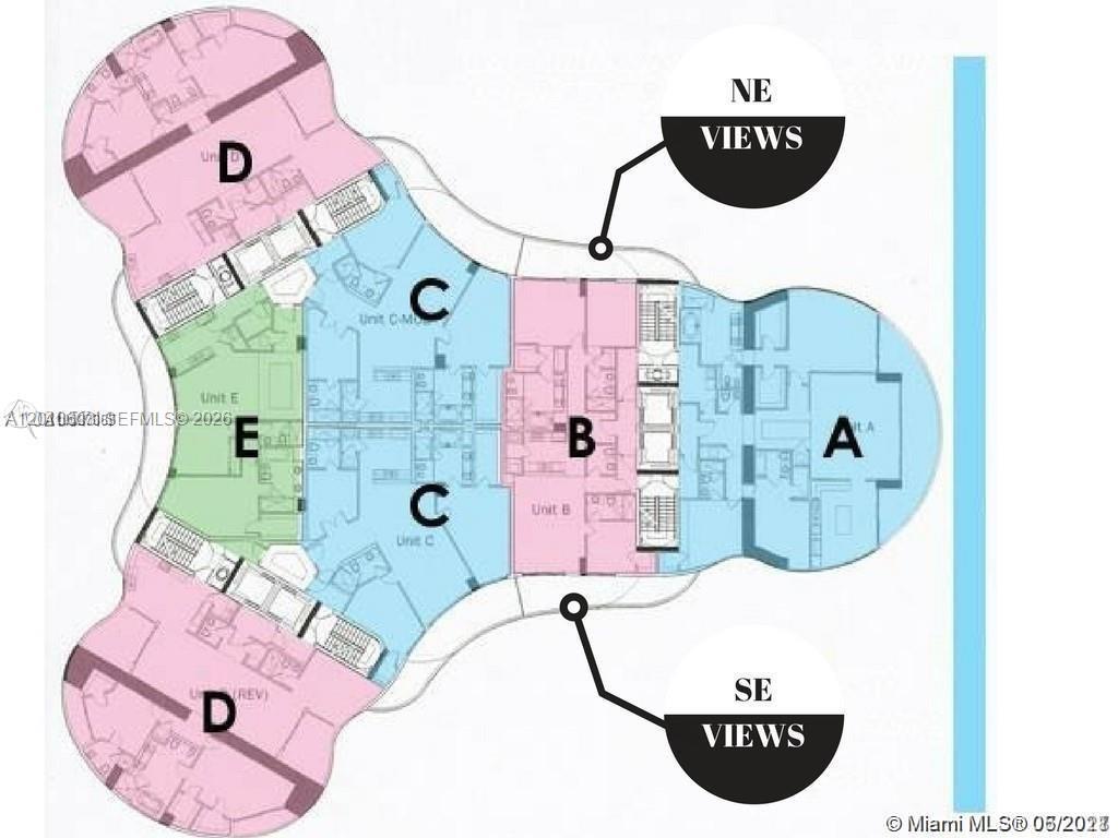 Color-coded condominium floor plan showing units A through F and northeast and southeast view directions.