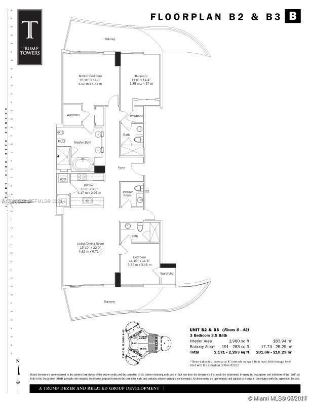 Floor plan for a three-bedroom, three-and-a-half-bath unit with two balconies.