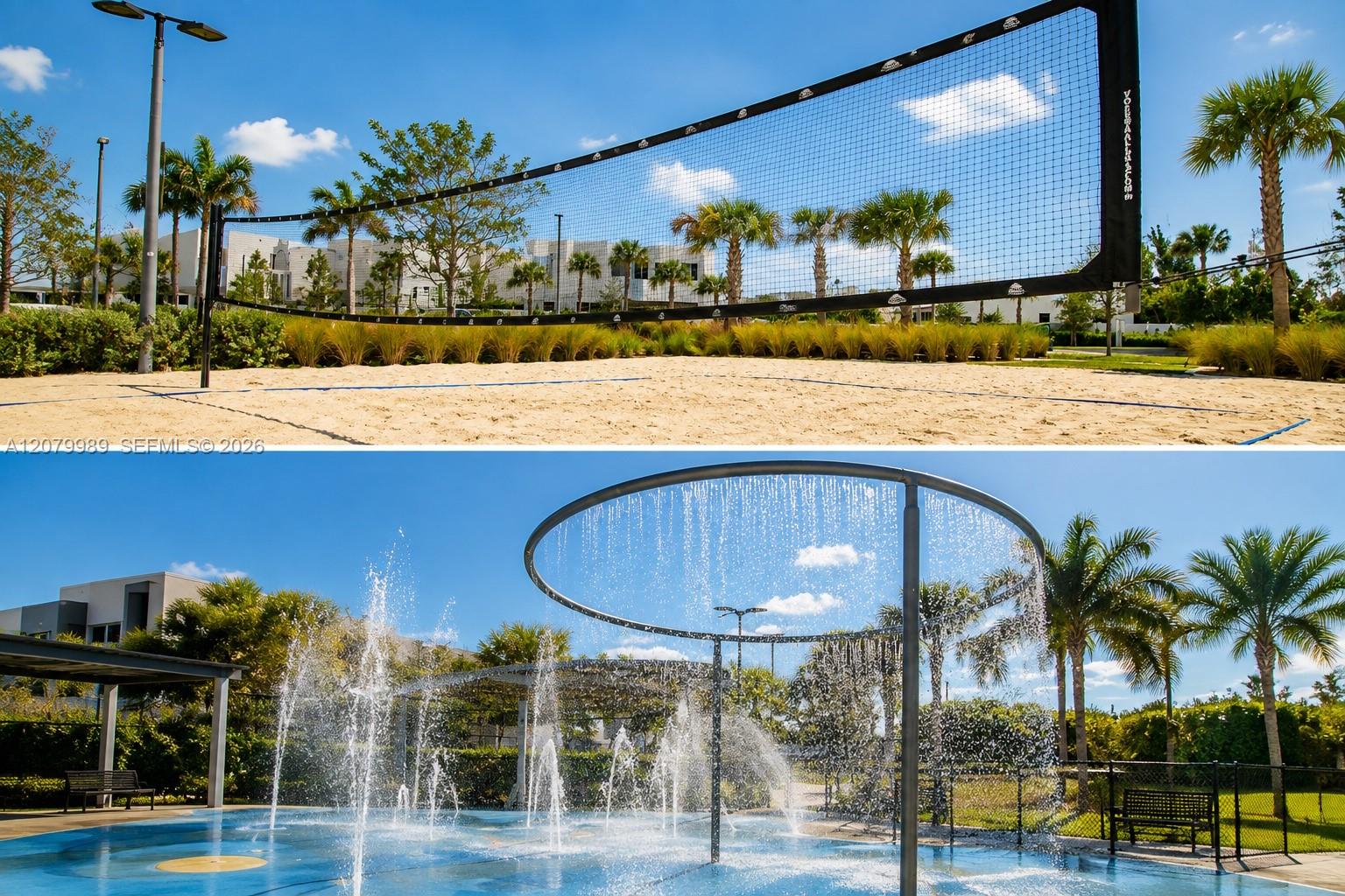 Community amenities with a sand volleyball court and a splash pad with fountains.