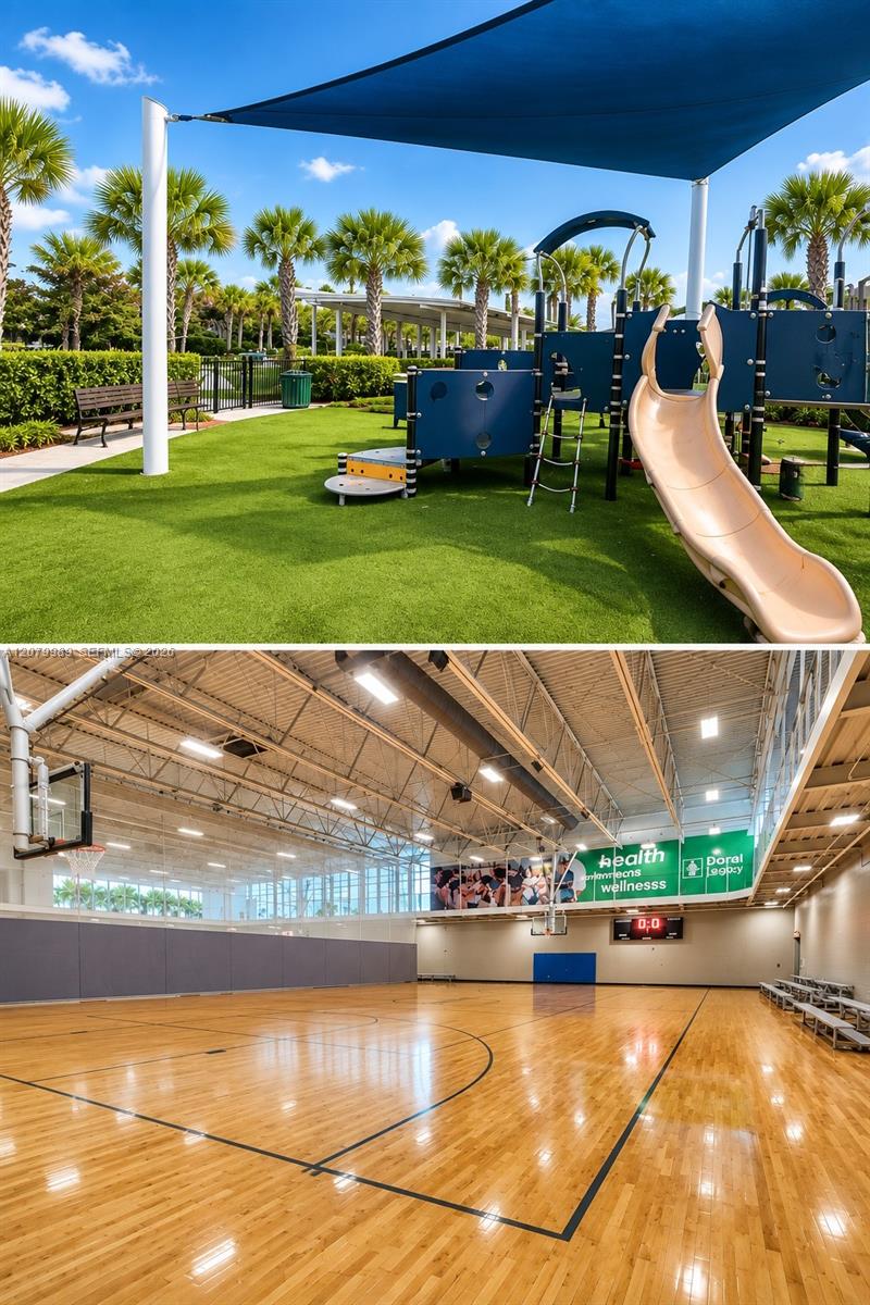 Community amenities with a shaded playground and indoor basketball court.