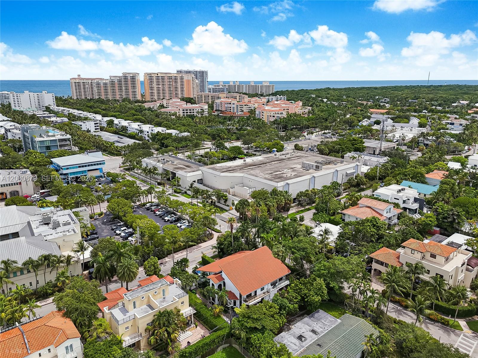 Aerial view of Key Biscayne homes and condos amid palms, with the ocean on the horizon.