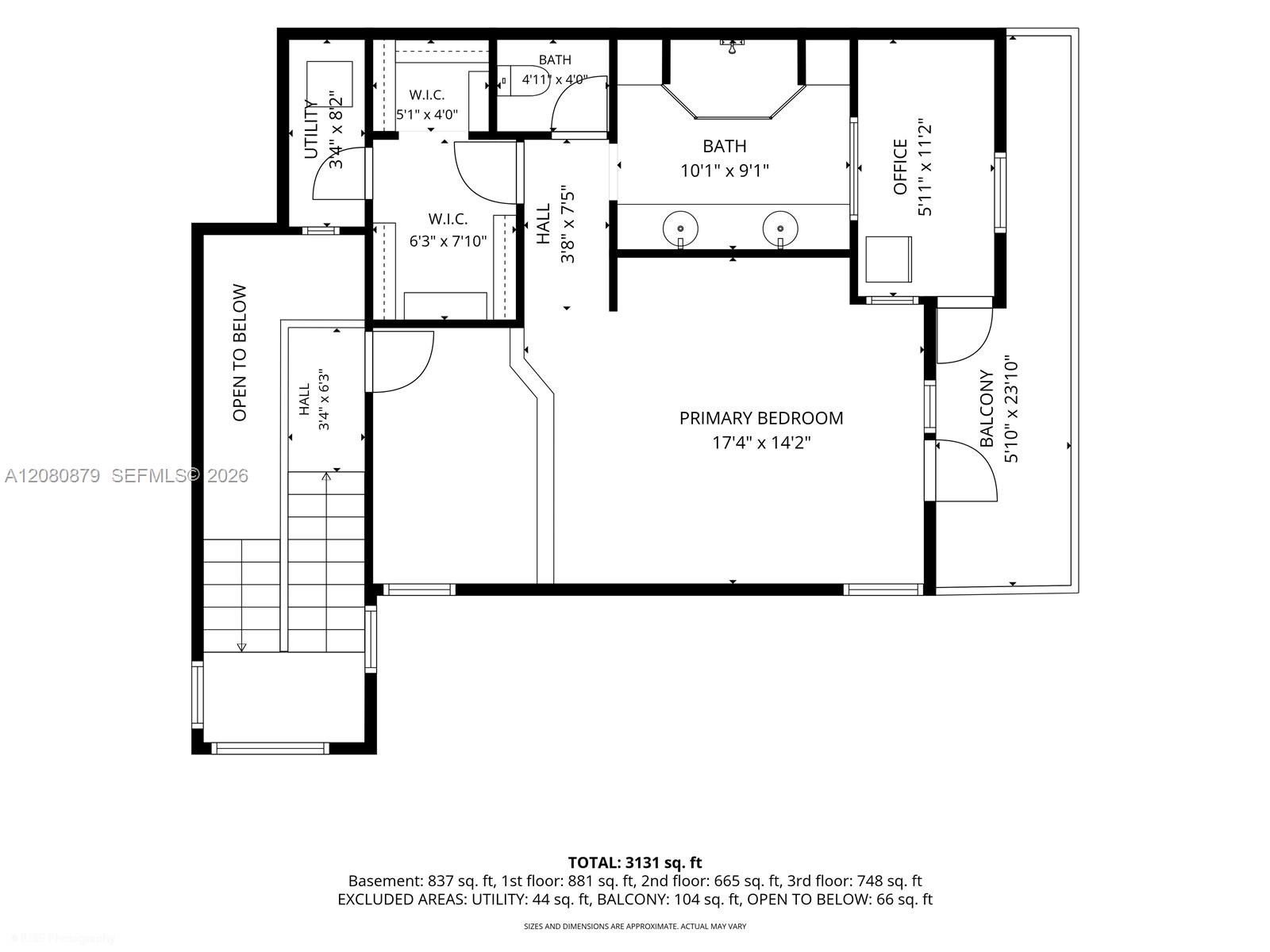 Upper-level floor plan with primary bedroom, office, two bathrooms, closets, and a balcony.