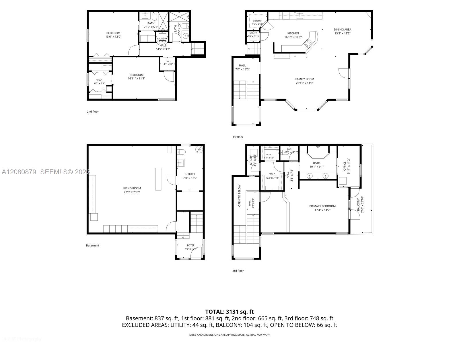 Four-level floor plan showing room layouts and a total area of 3,131 square feet.