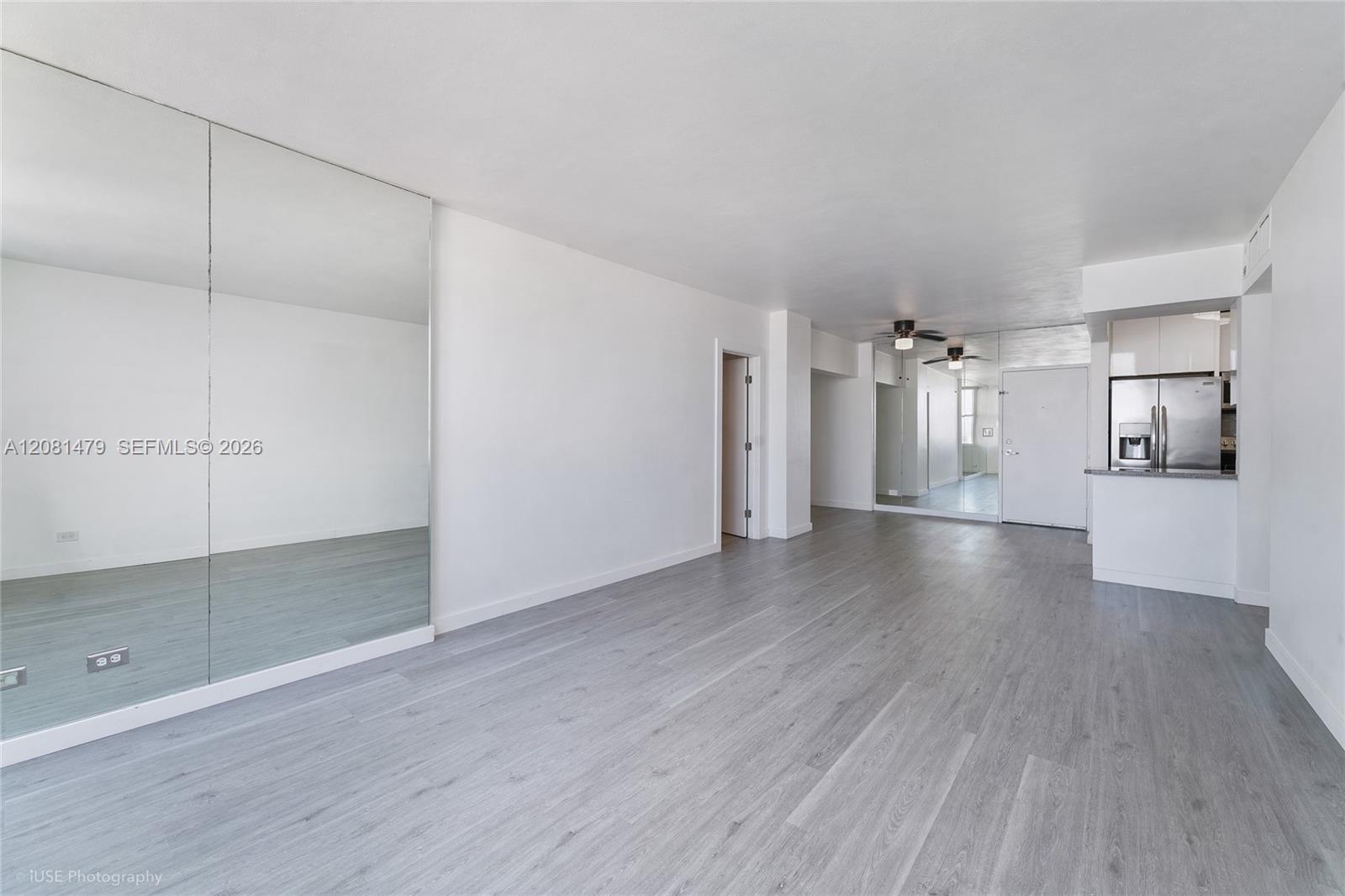 Unfurnished apartment living area with gray plank floors, mirrored wall, and open kitchen.