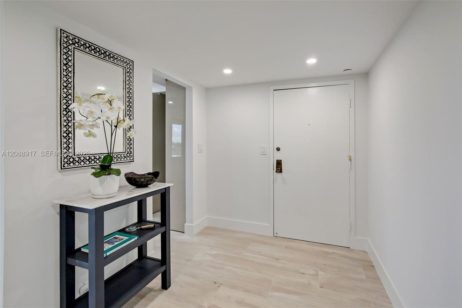 Condominium entry foyer with a white front door and console table topped with an orchid.