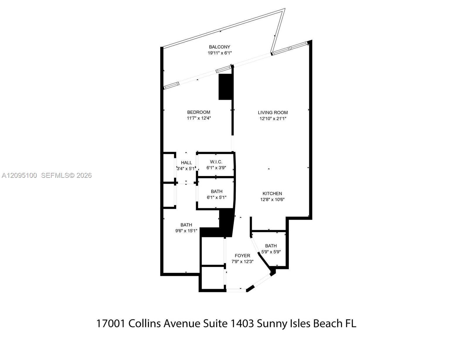 Suite 1403 floor plan showing a bedroom, living room, kitchen, balcony, walk-in closet, and three baths.