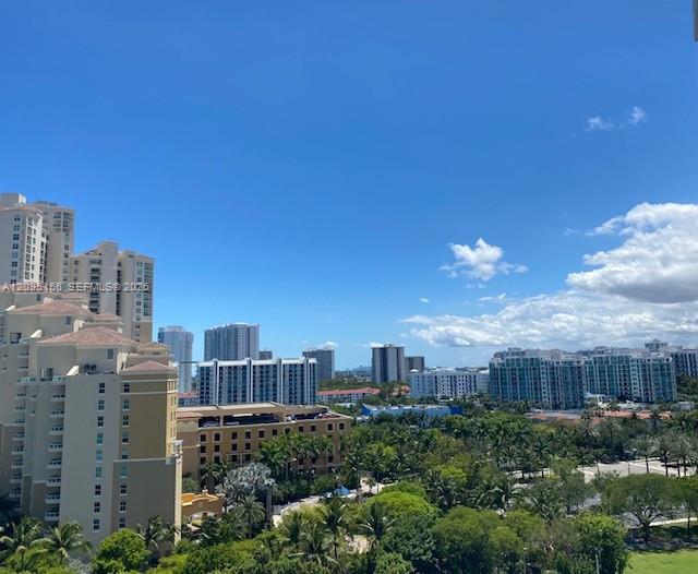 Aventura city view with high-rises, palm trees, and a bright blue sky.