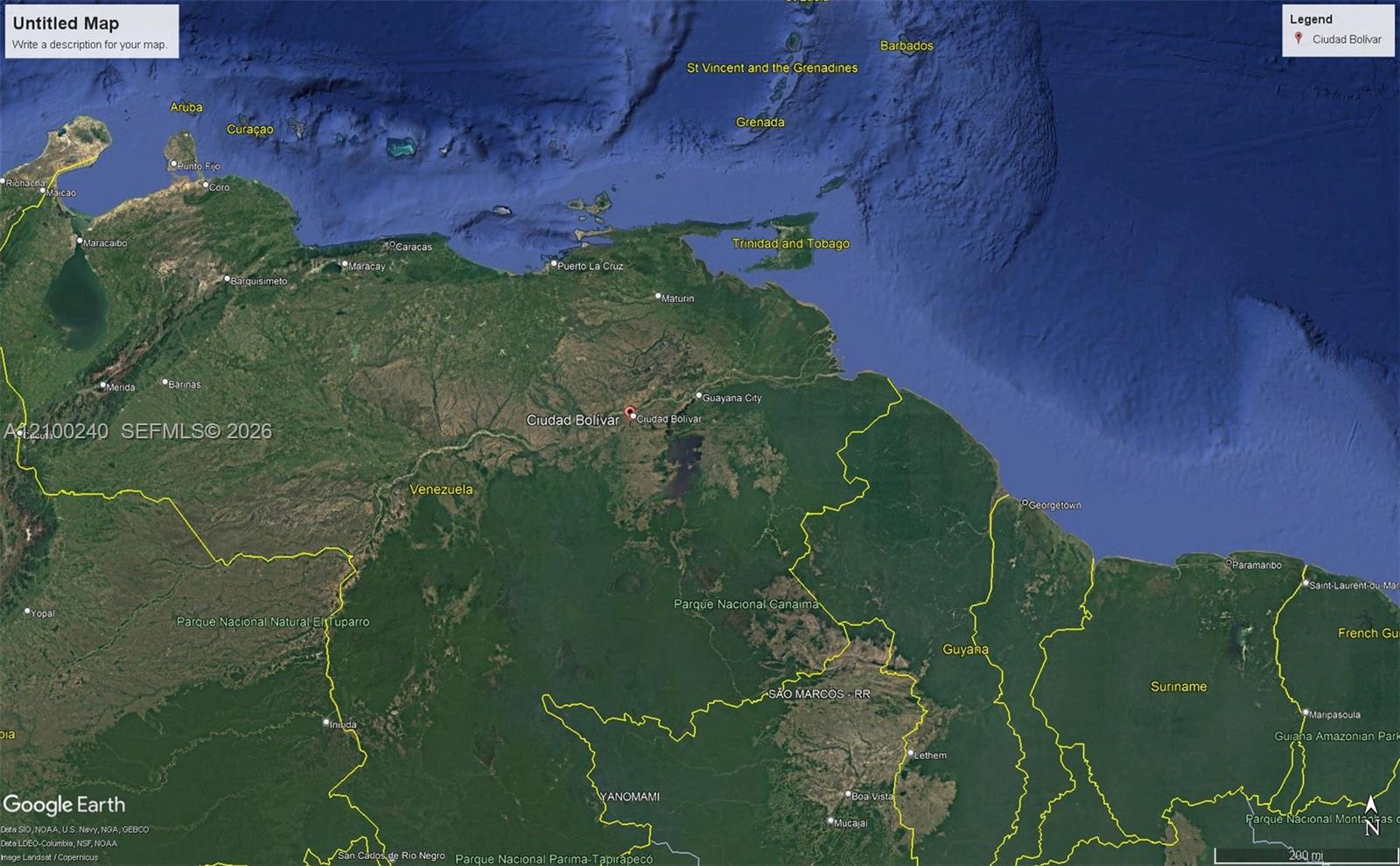 Map of northern South America and the Caribbean with a marker at Ciudad Bolívar, Venezuela.