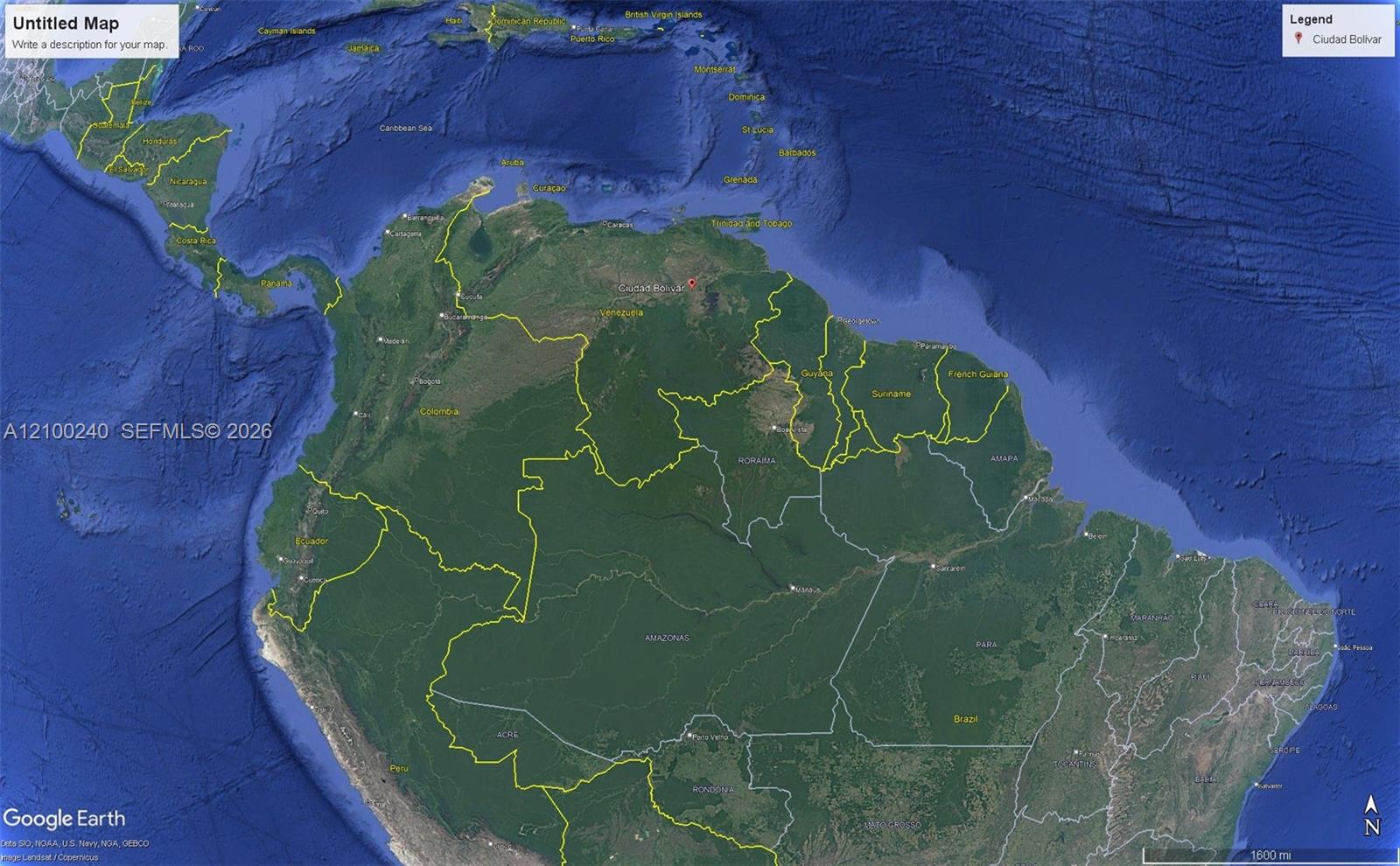 Map of northern South America and the Caribbean marking Ciudad Bolívar, Venezuela.