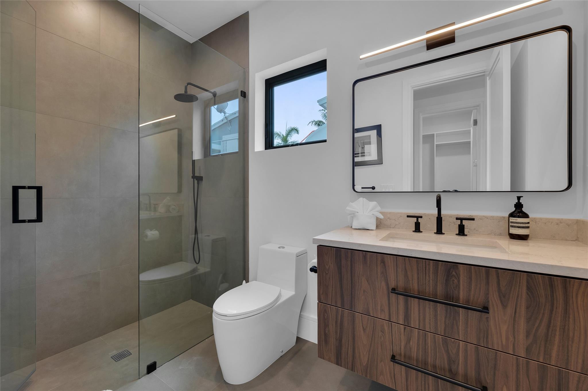 Modern bathroom with a glass walk-in shower and walnut vanity beneath a large mirror.