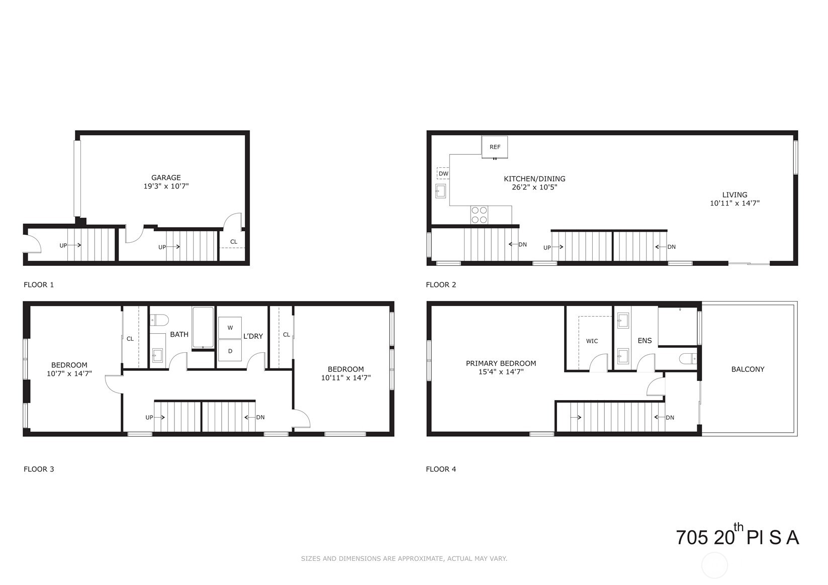 Four-level floor plan with garage, kitchen and living area, three bedrooms, and a balcony.