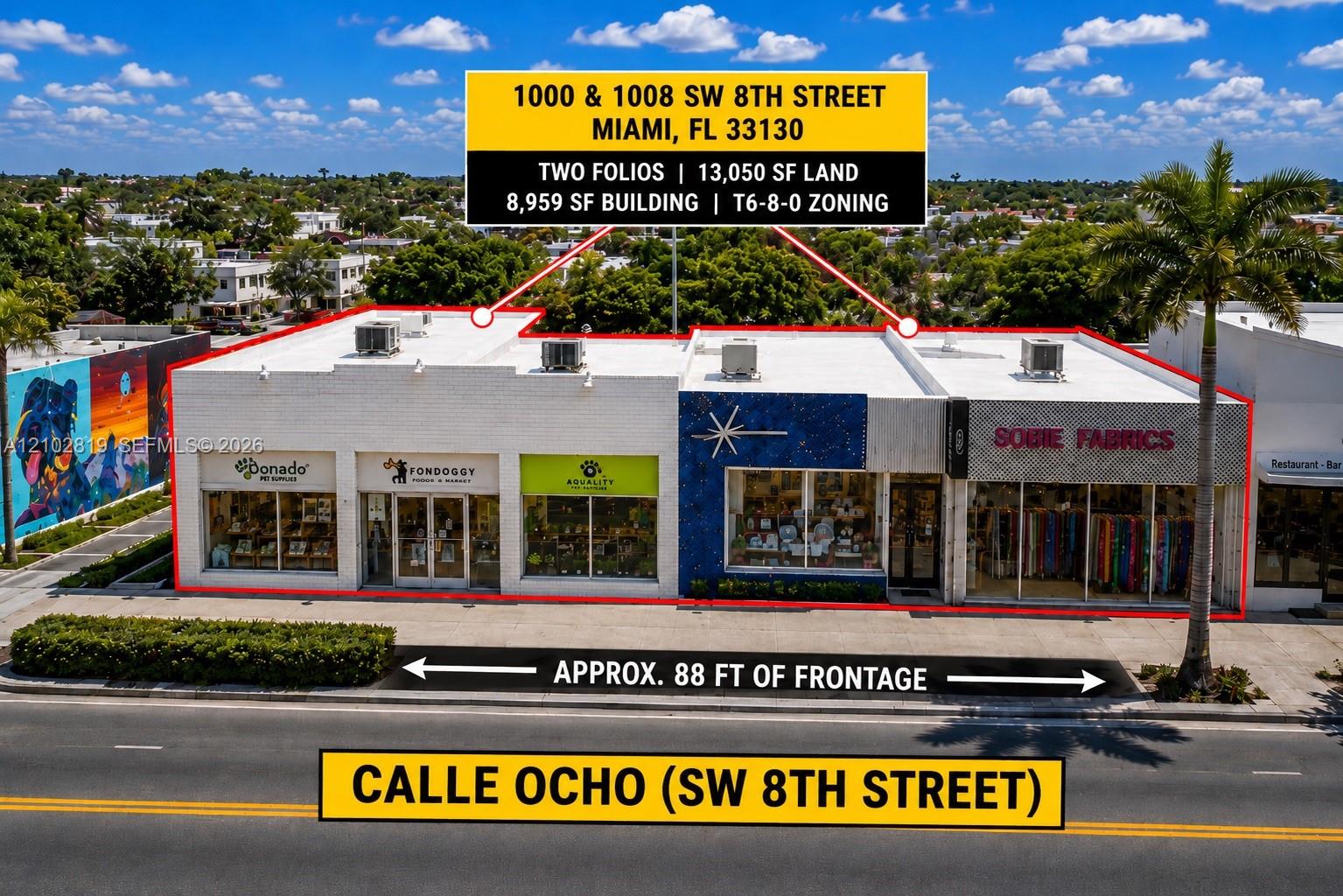 Commercial storefronts at 1000 and 1008 SW 8th Street, outlined to show the property and street frontage.