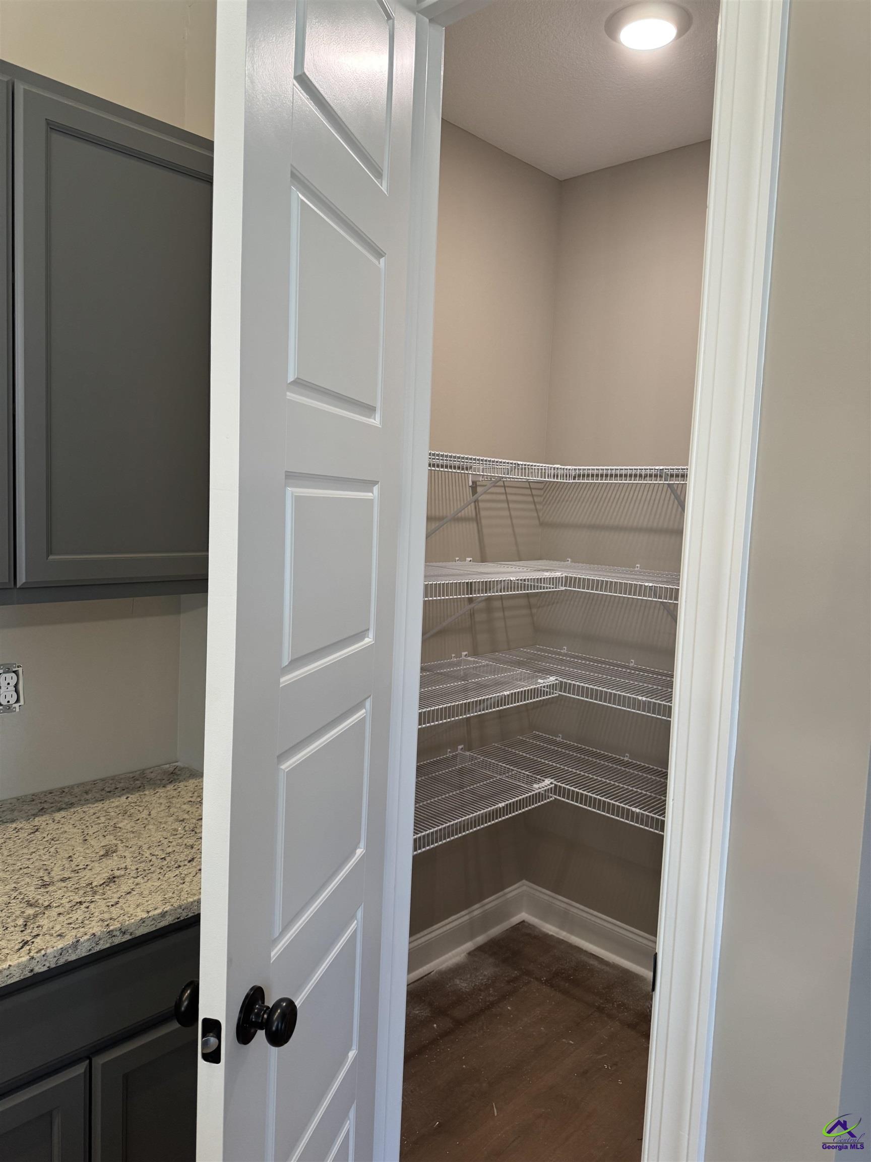 Walk-in pantry with wire shelving beside dark cabinetry and a stone countertop.