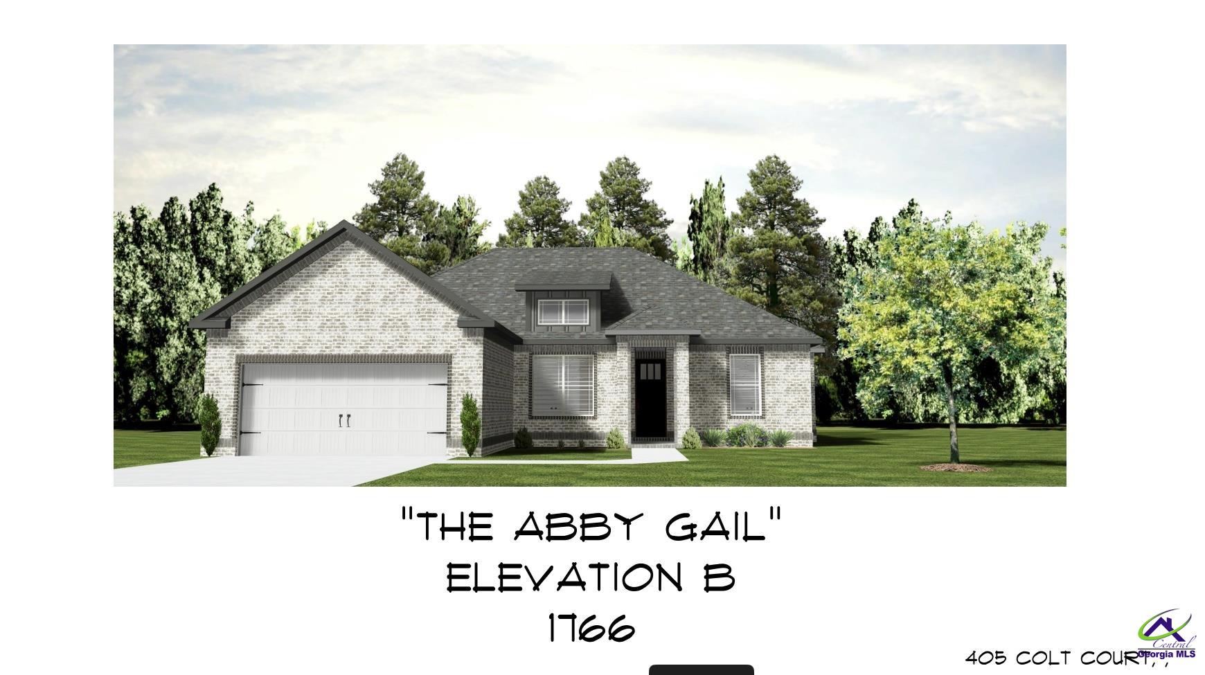 Rendering of a gray-brick home with a two-car garage and dark front door.