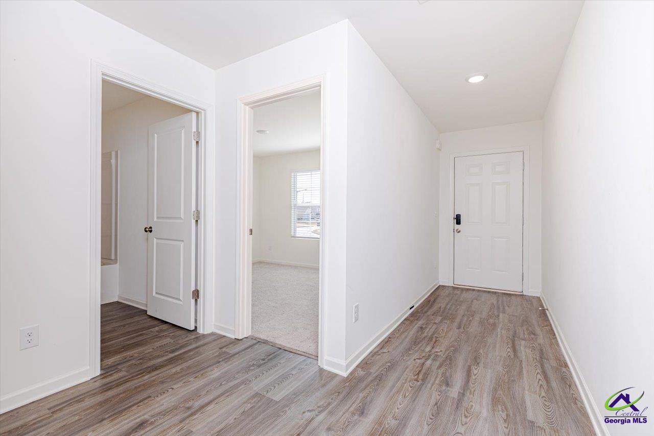 Entry hall with gray-brown wood-look flooring, a white front door, and open doorways.