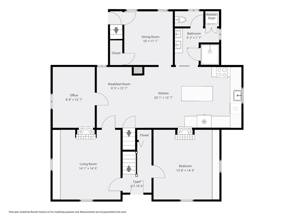 Floor plan showing one bedroom, living room, kitchen, office, and dining and breakfast rooms.