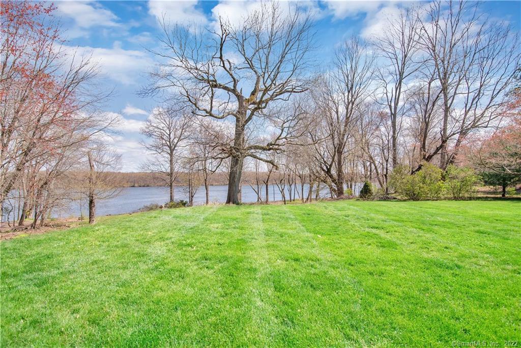 Waterfront lawn bordered by leafless trees, with a calm body of water beyond.