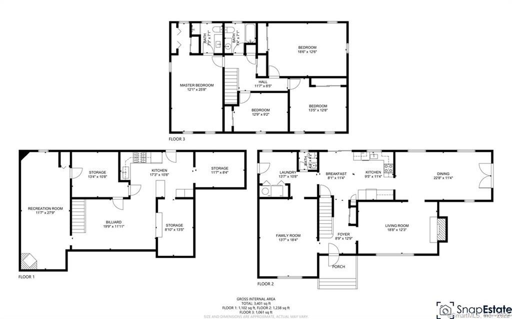 Three-level floor plan showing room layouts, including four bedrooms, living and family rooms, kitchen, dining room, and porch.