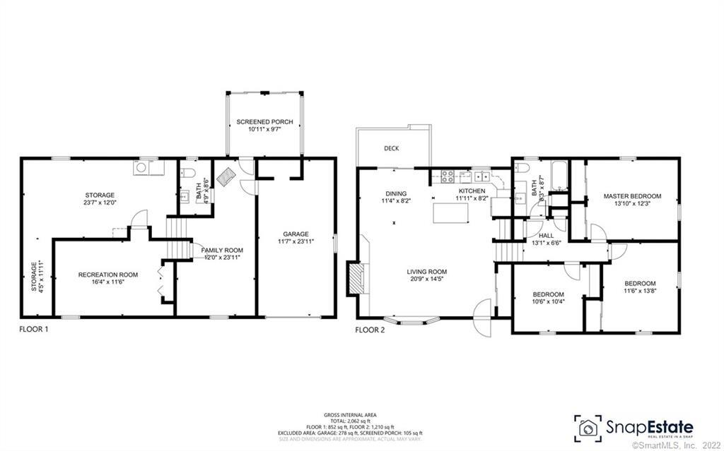 Two-level home floor plan with a garage, recreation room, screened porch, deck, and four bedrooms.