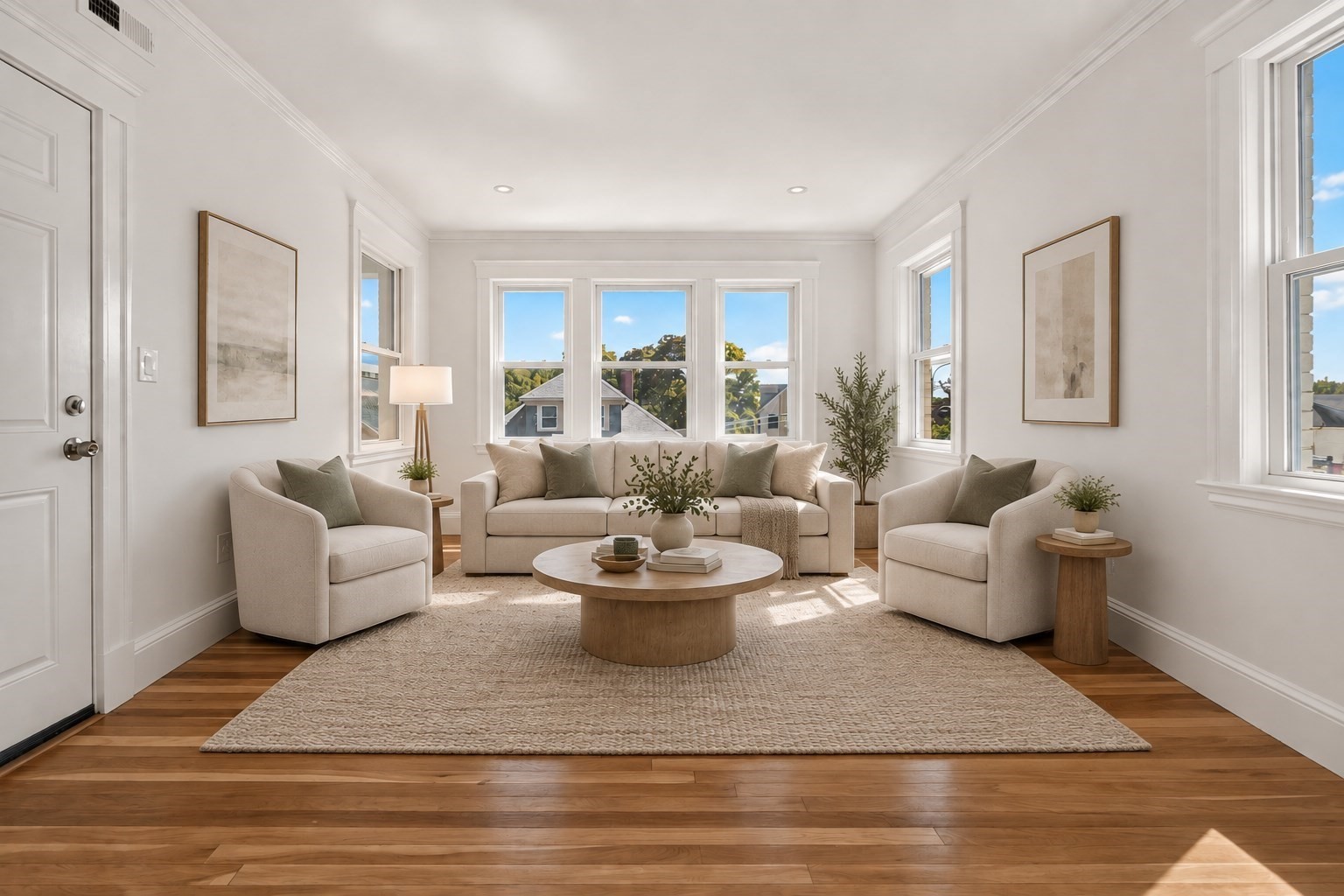 Staged living room with cream seating, a round wood coffee table, and large sunlit windows.