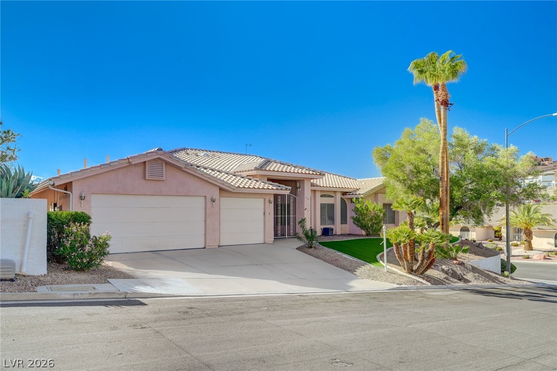 Single-story stucco home with a two-car garage, broad driveway, and palm-landscaped front yard.