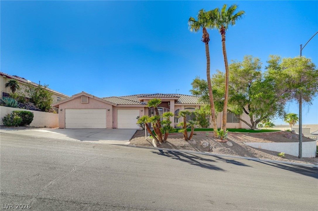 Single-story stucco home with a two-car garage, palm trees, and desert landscaping.