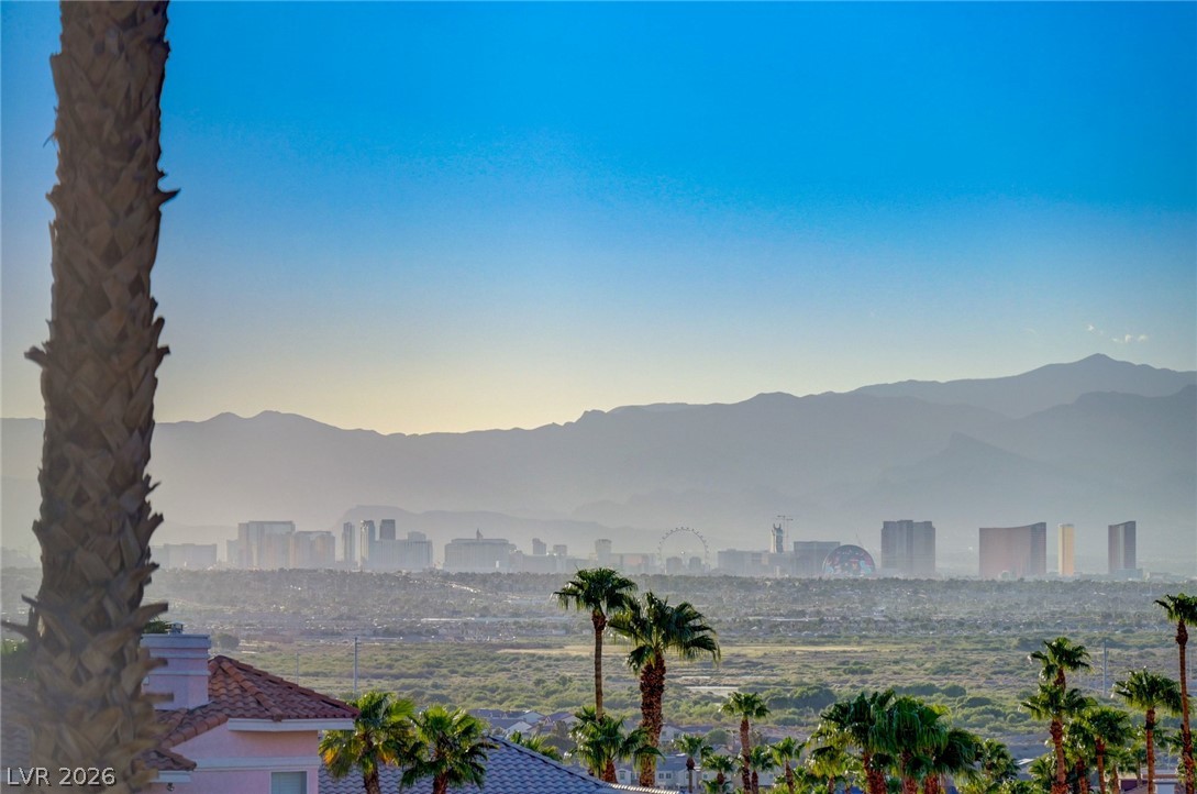 Las Vegas skyline and mountains beyond palm-lined homes and rooftops.