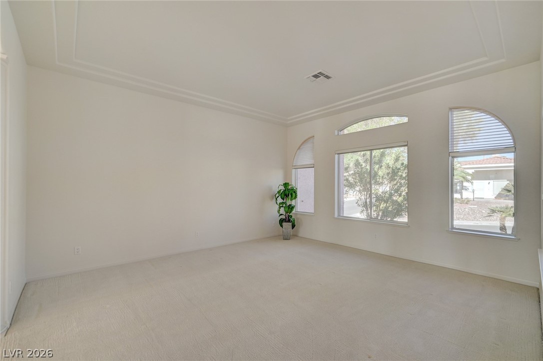 Empty carpeted room with a tray ceiling, arched windows, and a potted plant.