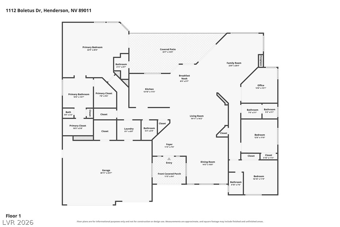 First-floor plan showing bedrooms, living areas, kitchen, covered patio, front porch, and garage.