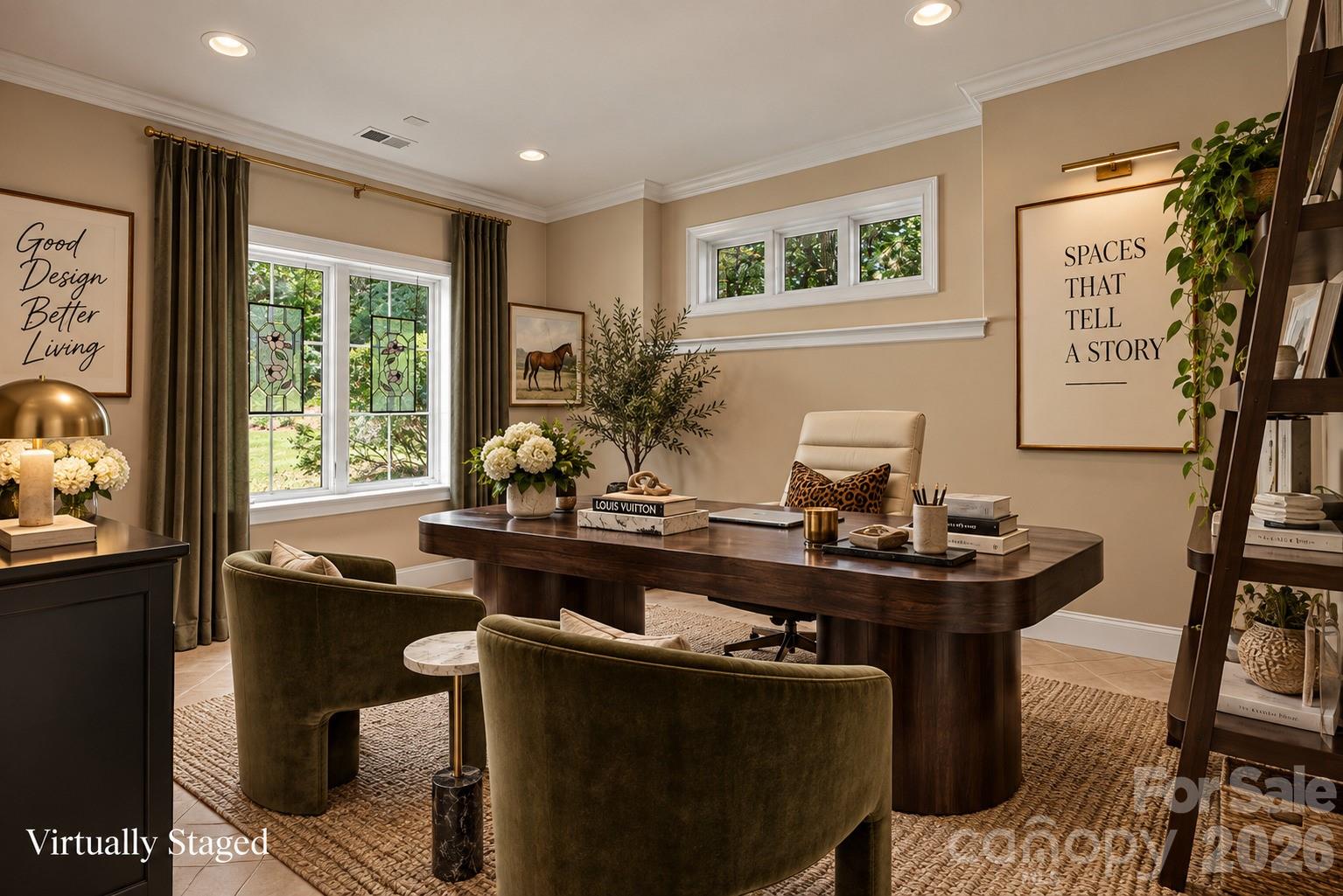 Staged home office with a dark wood desk, olive chairs, and tall windows.
