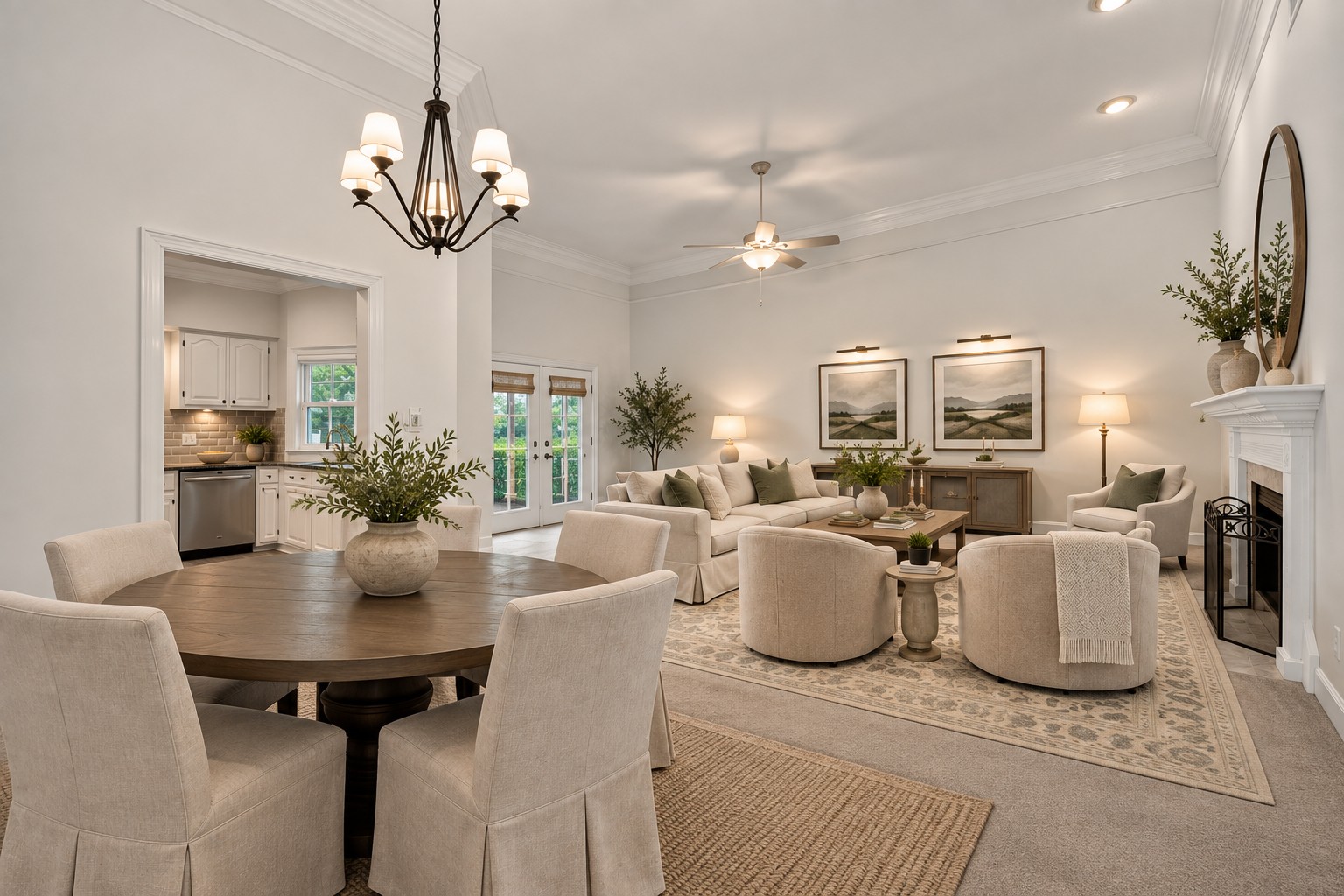 Open-plan living and dining room with a fireplace, French doors, and a furnished dining area.