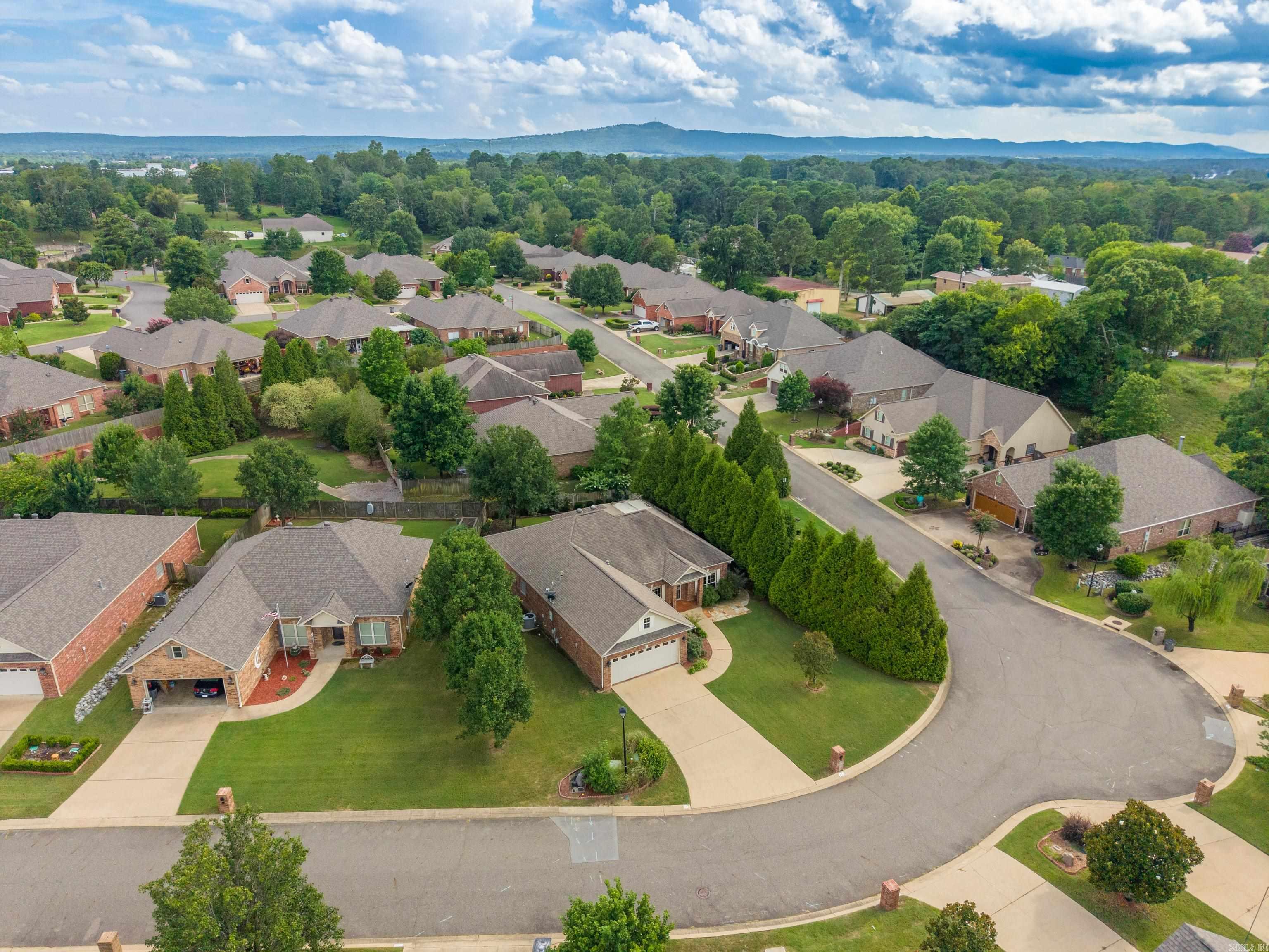 Aerial view of a tree-lined neighborhood with homes along a curved street and a distant ridgeline.