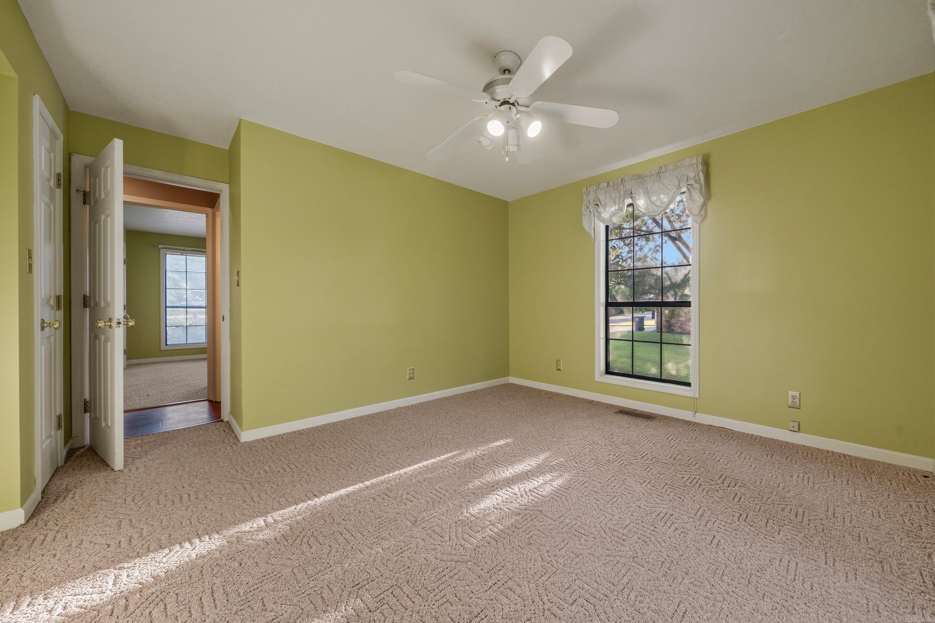 Empty green-walled room with beige carpet, a ceiling fan, and a large window.