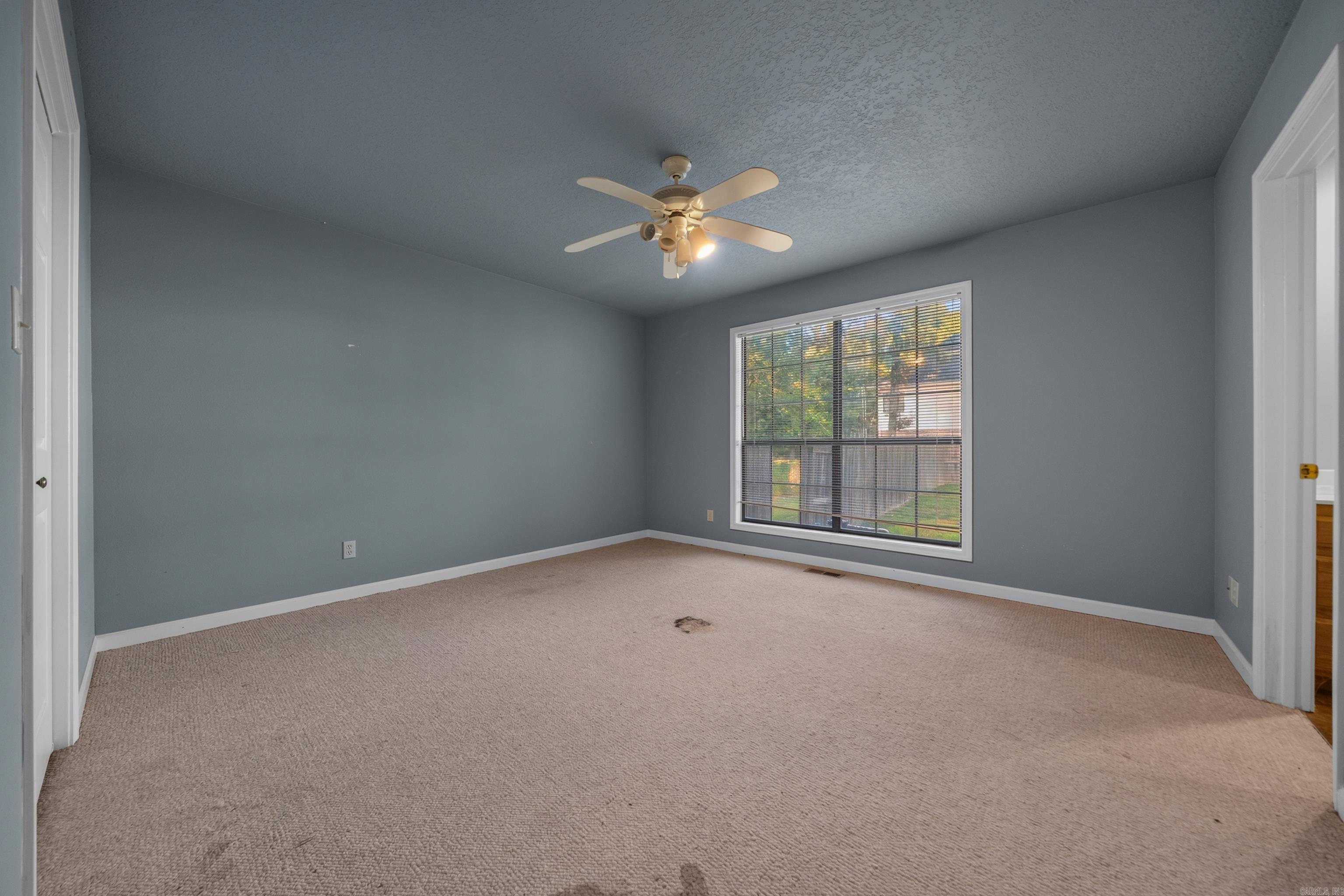 Empty bedroom with blue-gray walls, beige carpet, a ceiling fan, and a large window with blinds.