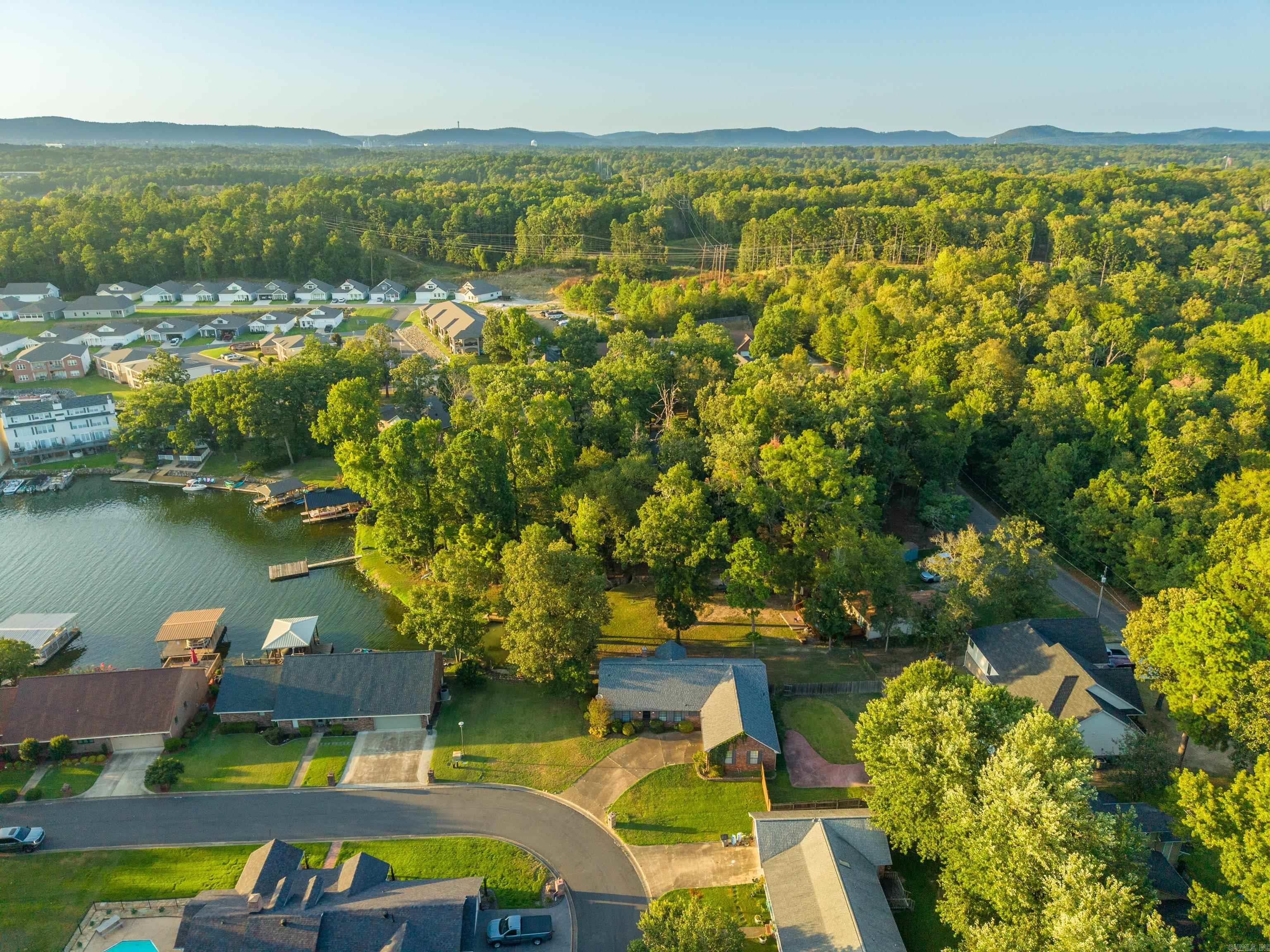 Aerial view of lakeside homes and docks beside dense woodland and distant hills.