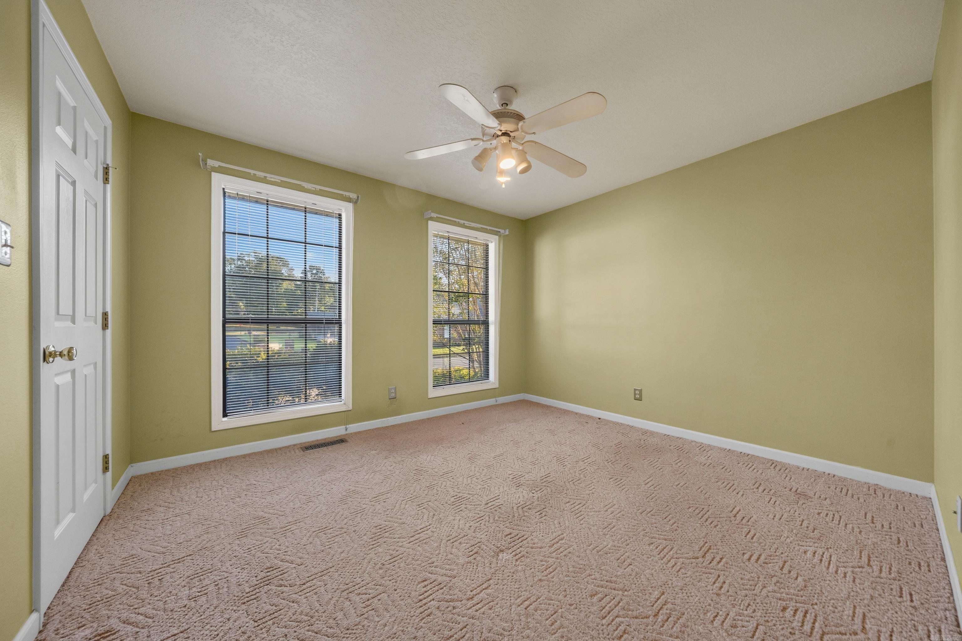 Empty carpeted bedroom with olive-green walls, two windows with blinds, and a ceiling fan.