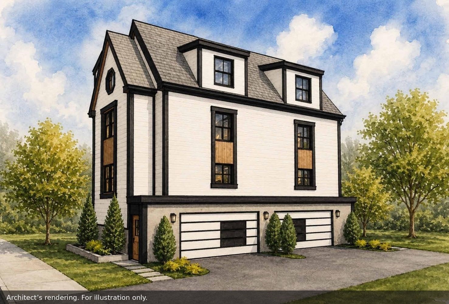 Architectural rendering of a white multi-story house with a steep gray roof and two garage doors.