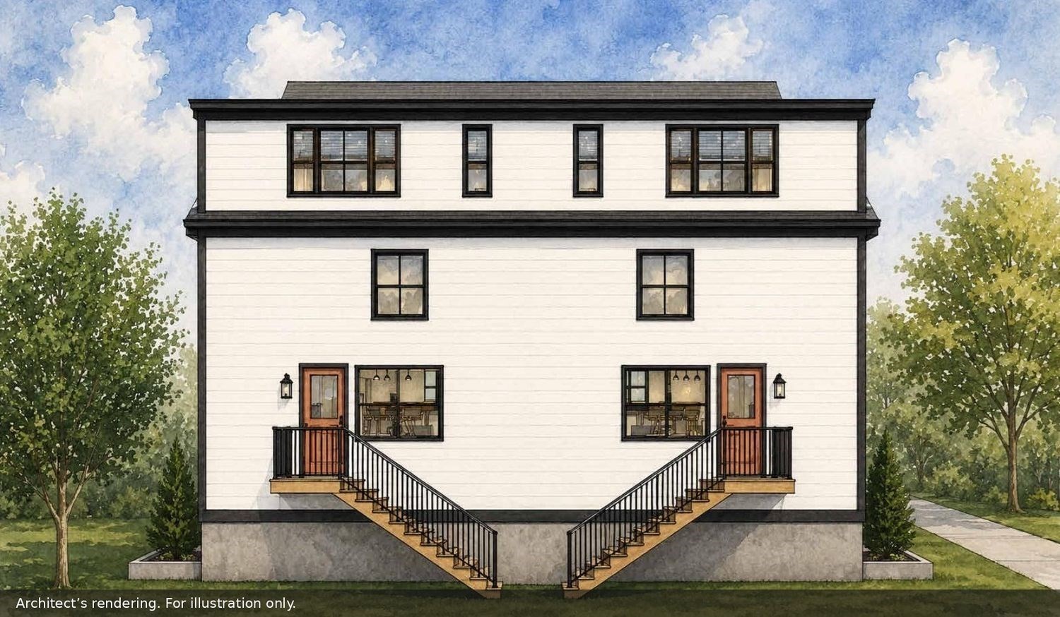 Architectural rendering of a white multi-story building with two front entrances and matching staircases.