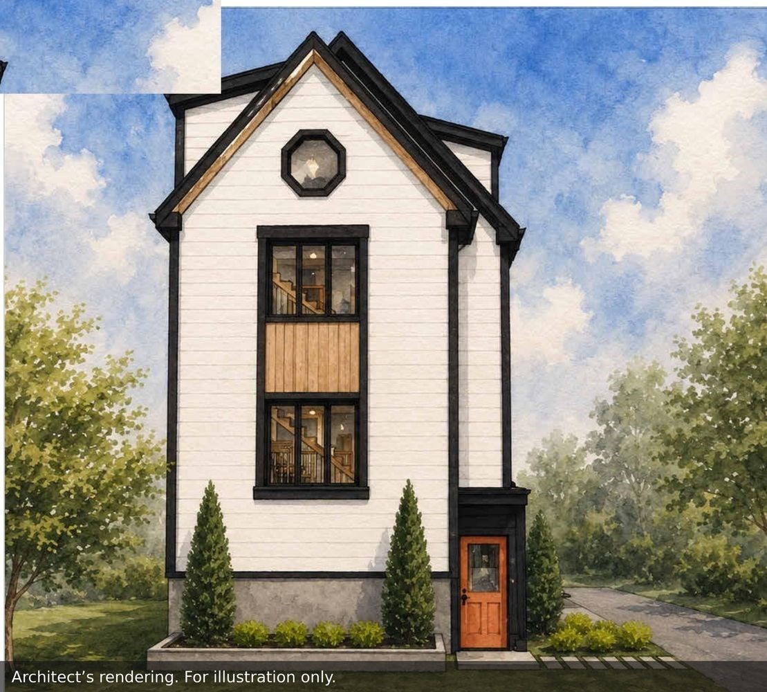 Architectural rendering of a narrow white house with black trim, steep gables, and a wood-accented entry.