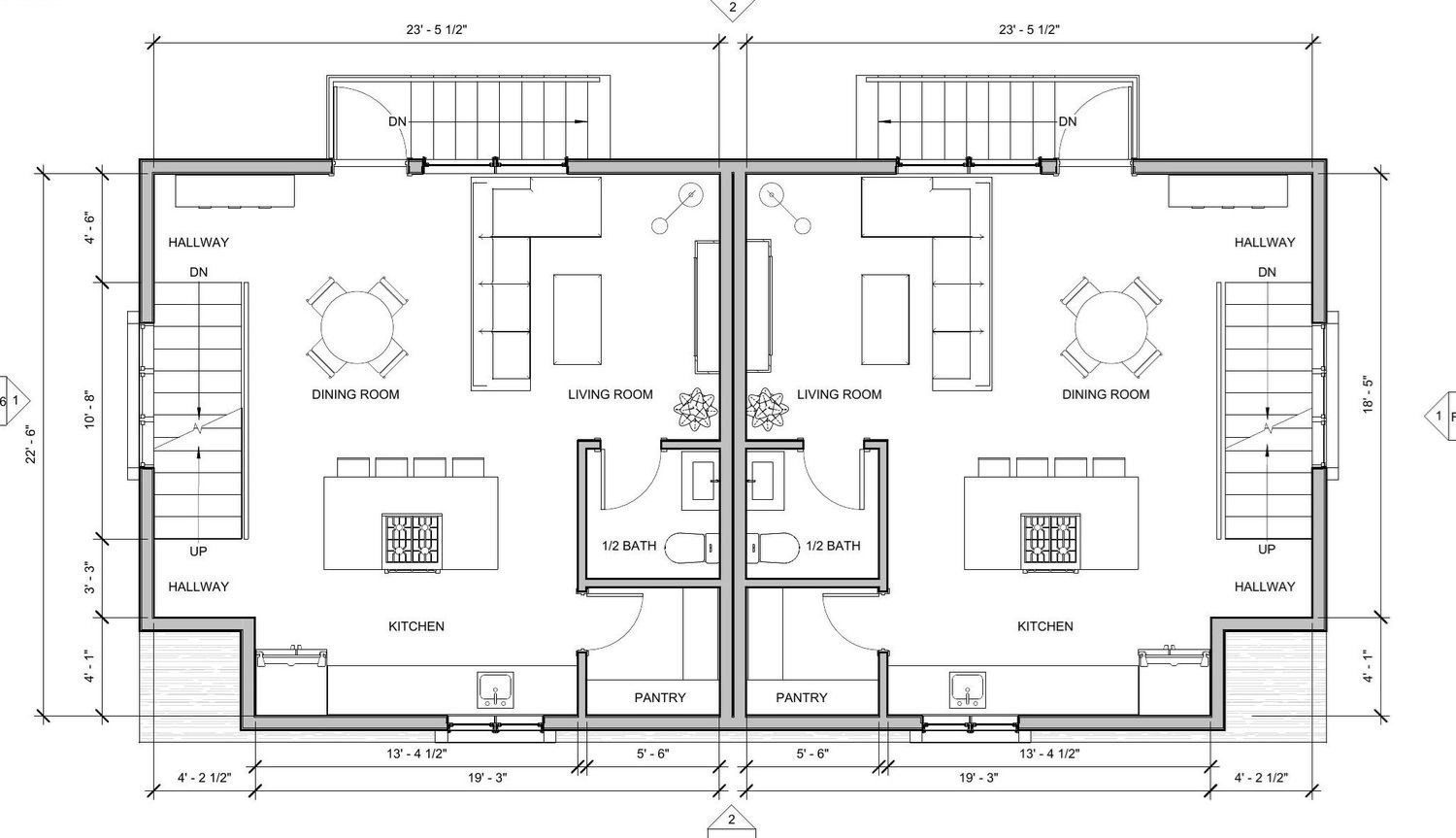 Floor plan of two mirrored units with kitchens, living and dining rooms, stairs, pantries, and half baths.