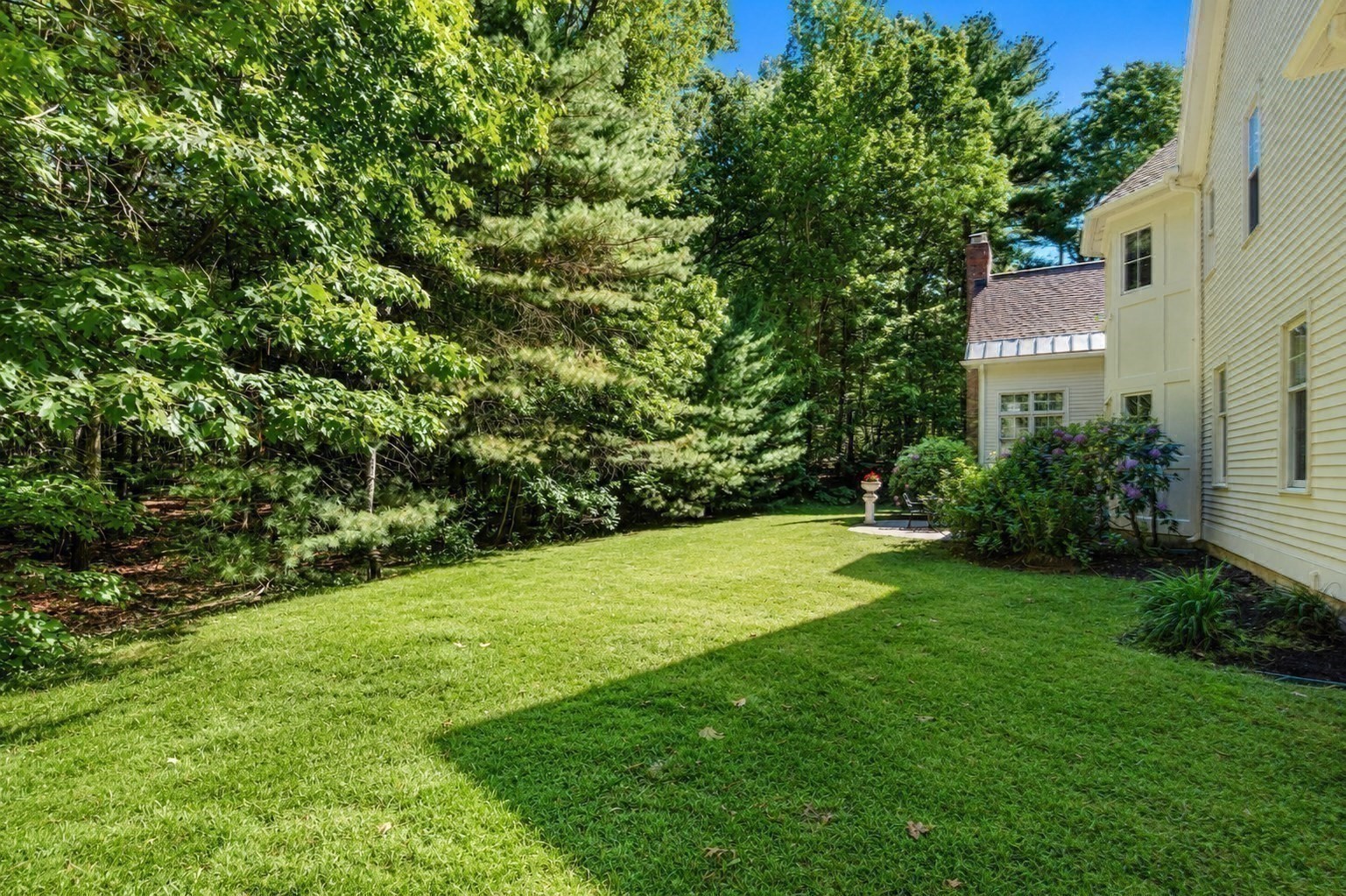 Backyard lawn beside a light-colored house, bordered by mature trees and a small patio.