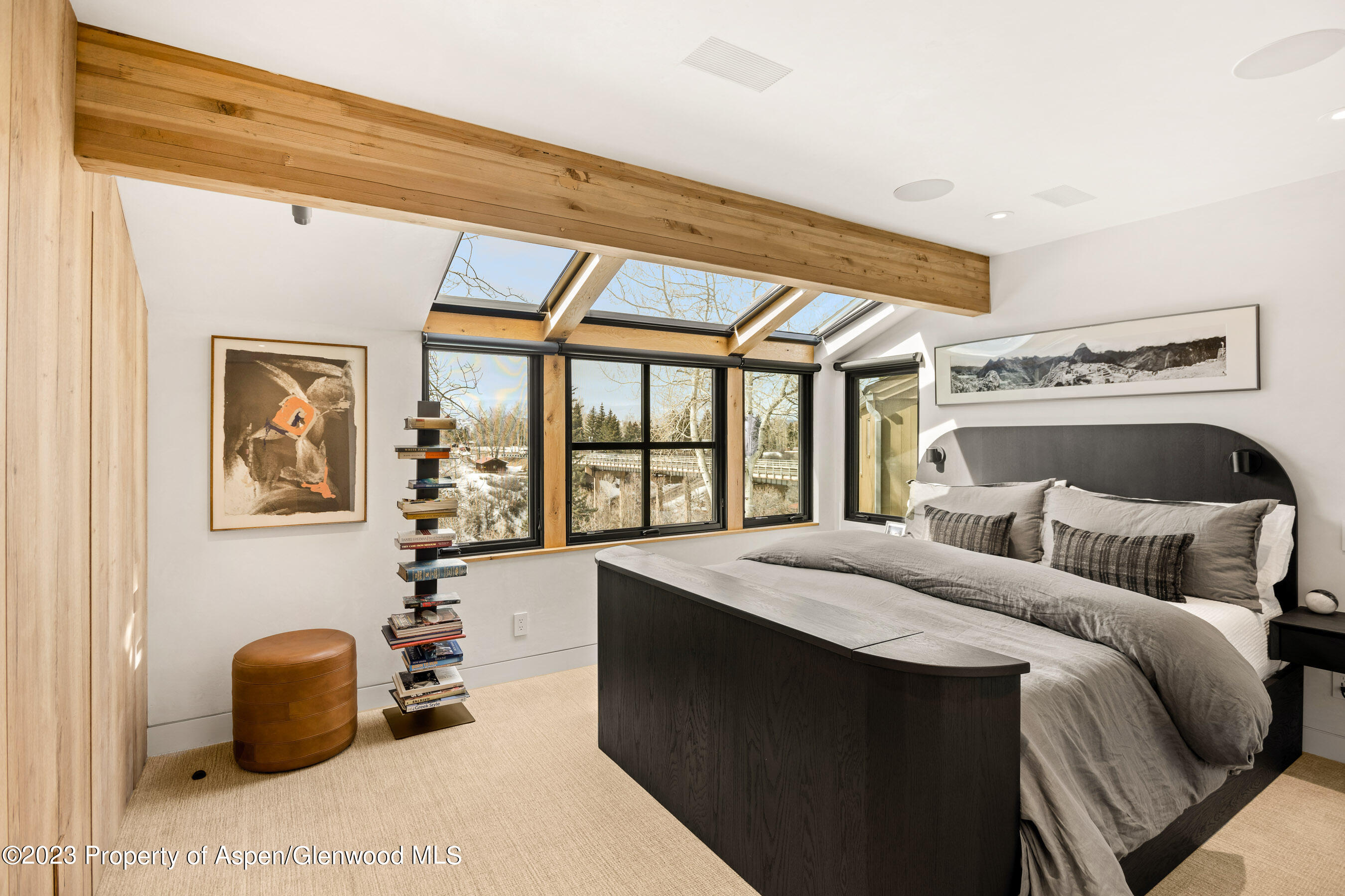 Bedroom with a dark wood bed beneath skylights and large windows overlooking snow.