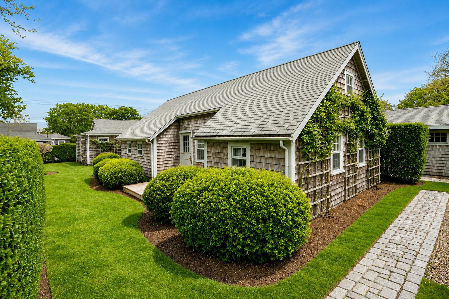 Cedar-shingle cottage with climbing greenery, manicured shrubs, and a cobblestone path.