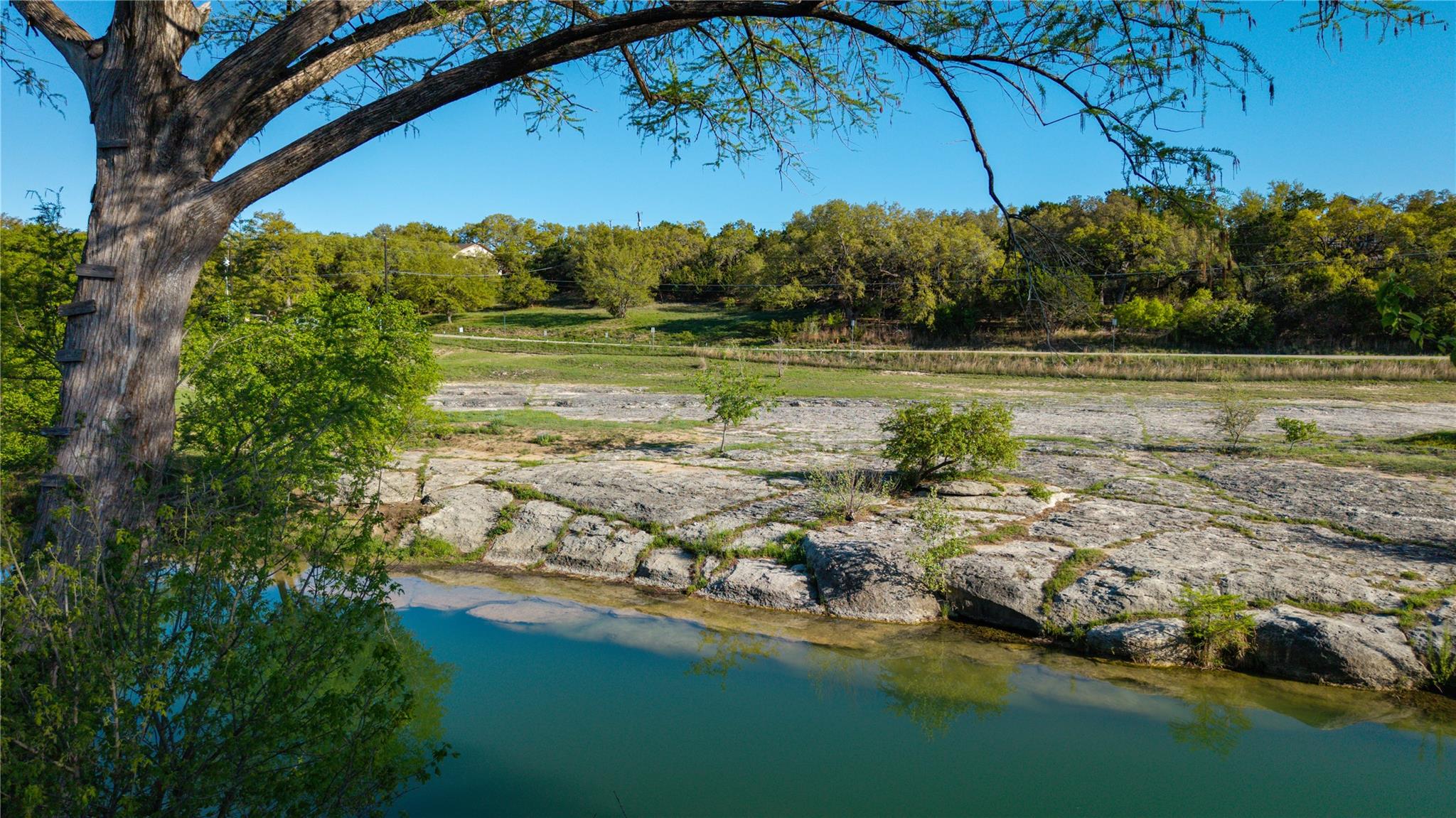A clear creek runs beside a limestone bank, framed by a large tree and wooded shoreline.