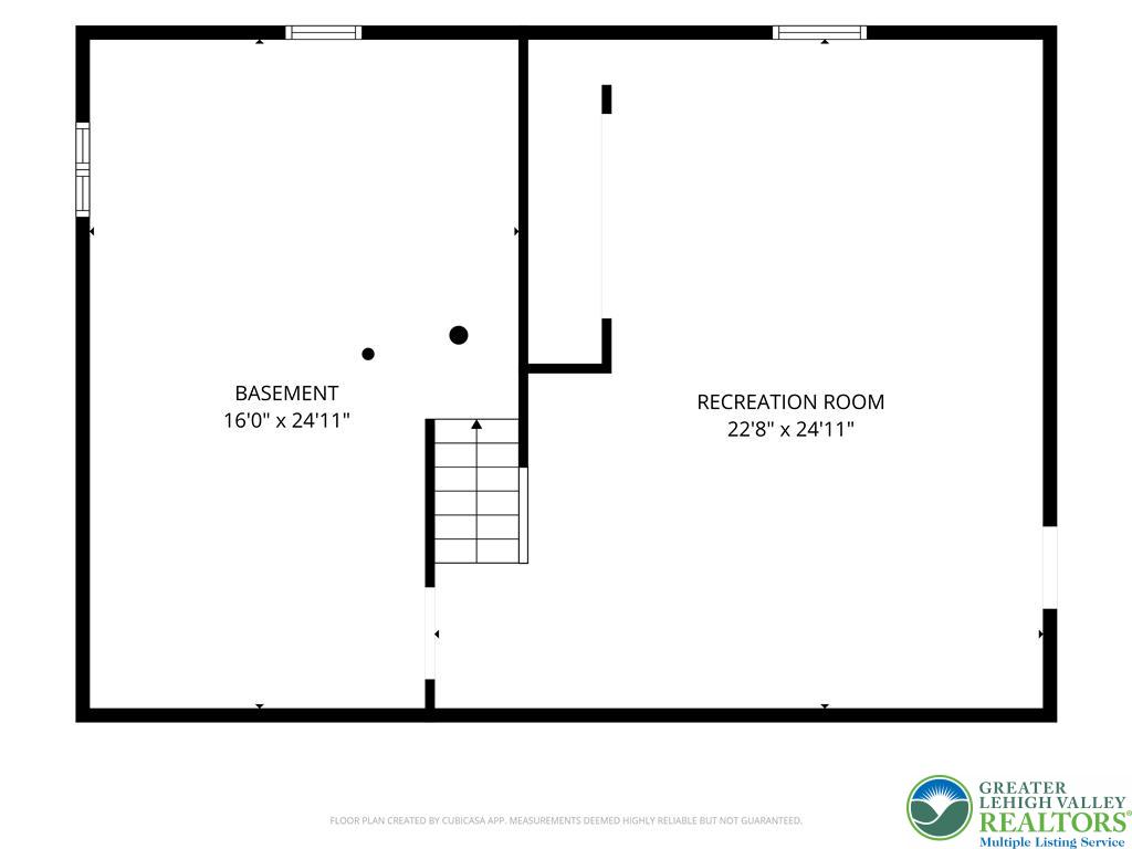 Basement floor plan with a recreation room, room dimensions, and stairs.