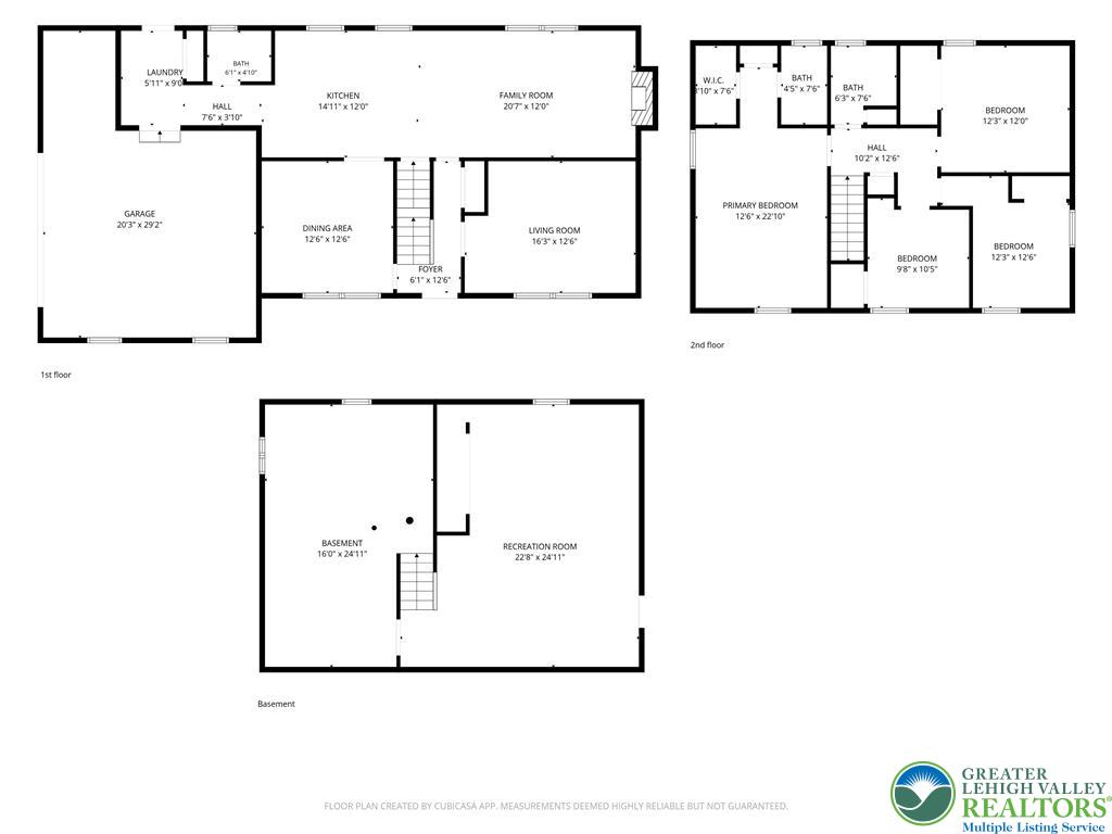 Three-level home floor plan with labeled rooms, including a garage and basement recreation room.